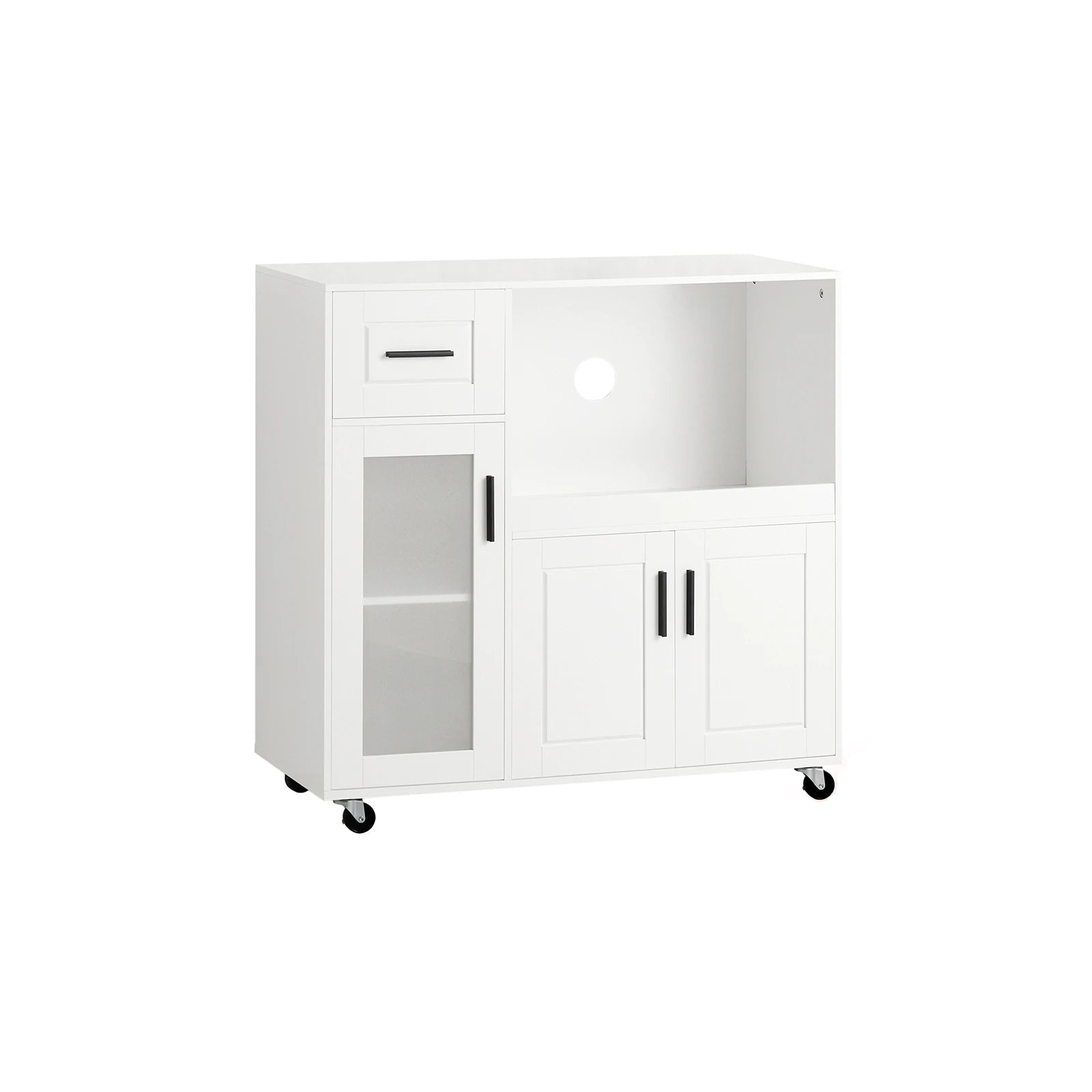 Verplaatsbare Keukentrolley met Wieltjes – Dressoir met Magnetronkast & Lade – Wit MDF Keukenkastje