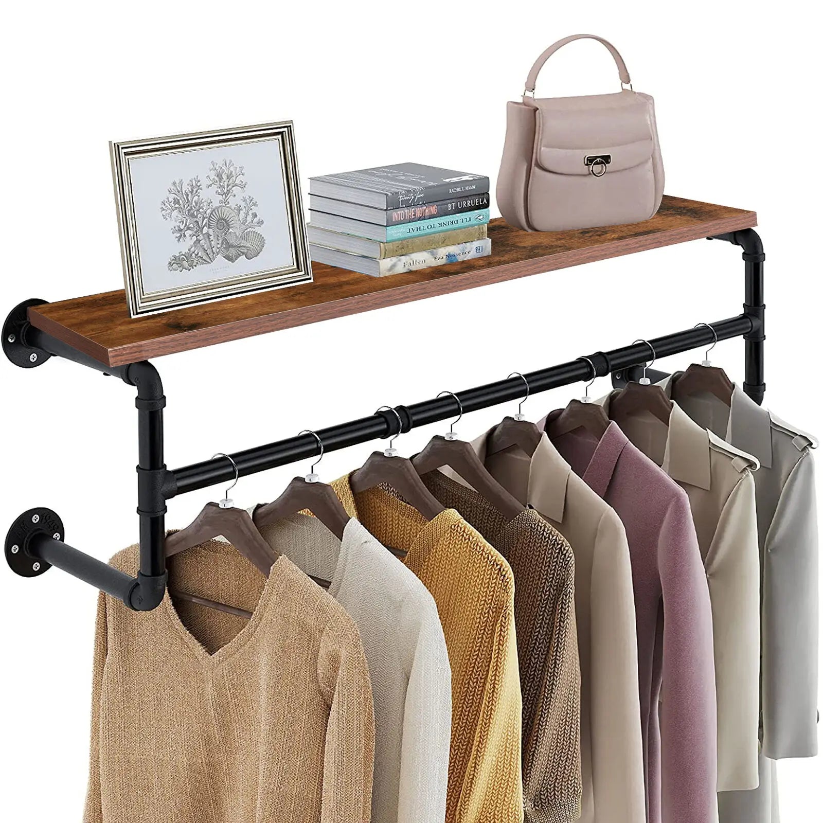 Industrieel Kledingrek Wand met Houten Plank – Metalen Pipe Wandrek met Opbergplank en Haken