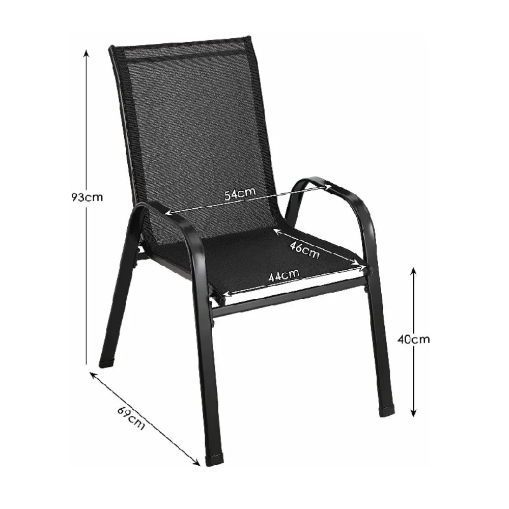 Set van 4 Stapelbare Tuinstoelen – Metalen Tuinstoelen met Hoge Rugleuning & Teslin Zitting – Zwart – Tot 150 kg