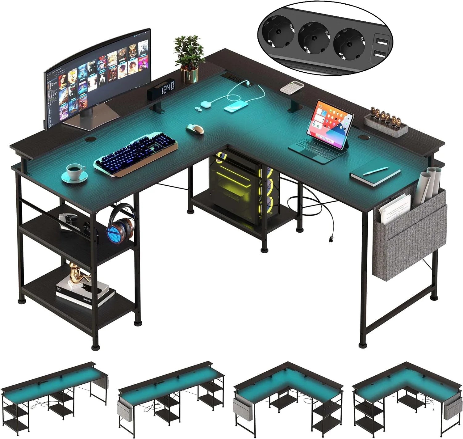 L-vormige Computerbureau met Opbergruimte, USB & LED RGB – Gaming en Kantoor Bureau Zwart/Grijs