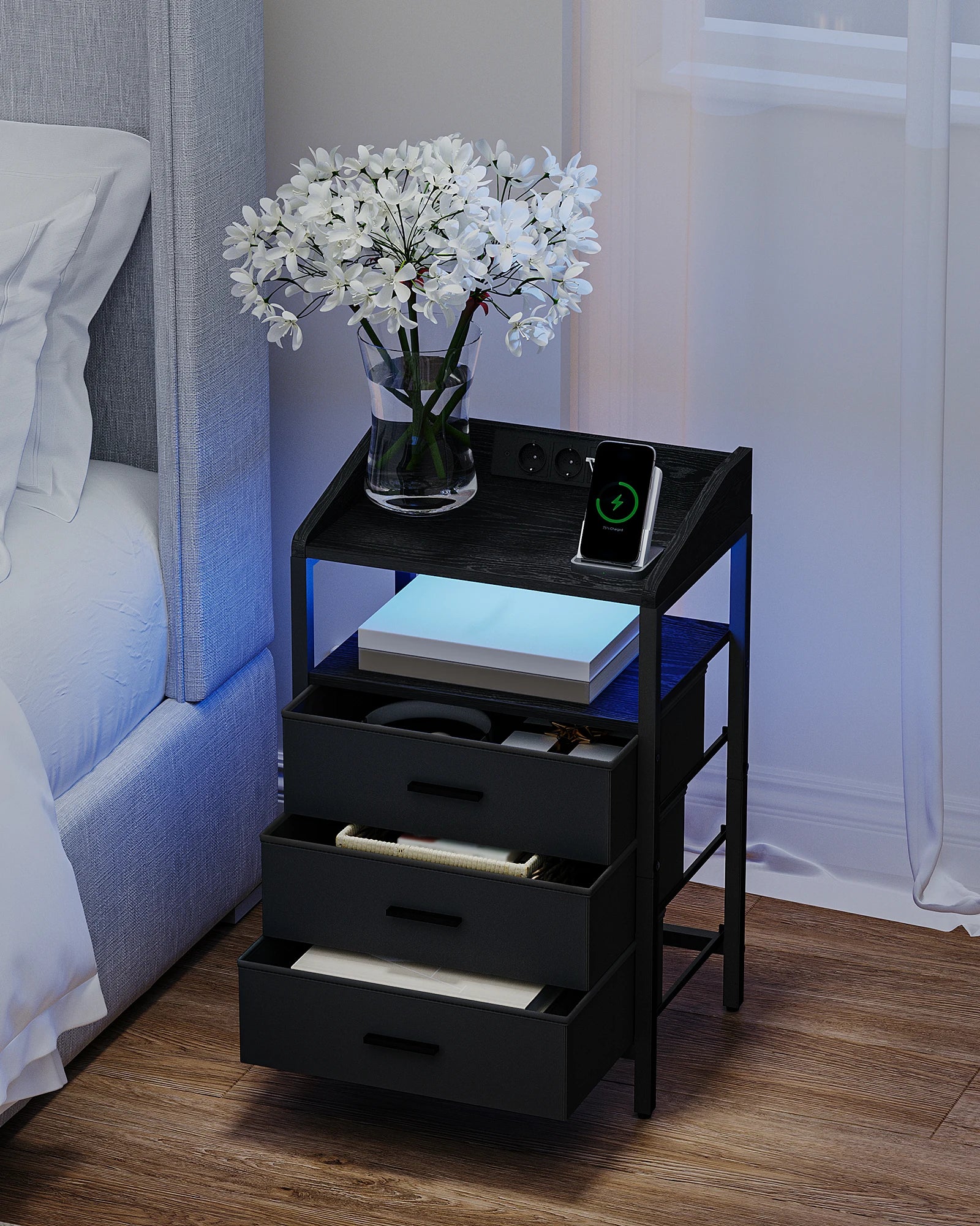LED Nachtkastje met Oplaadstation en USB – Moderne Bijzettafel met 3 Lades en Plank – Wit/Zwart
