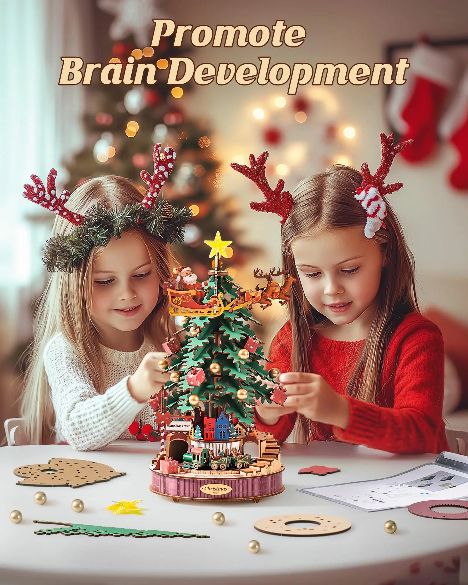 3D Houten Kerstboom Muziekdoos met Licht – DIY Kerstpuzzel met Kerstmelodieën – Decoratieve Kerst Muziekdoos voor Tafeldecoratie en Cadeau