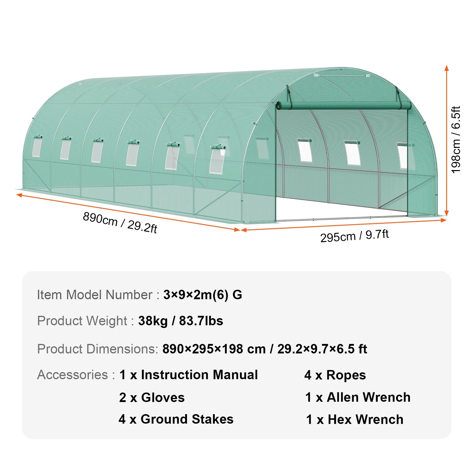 Wandelbare Tunnelkas met Stalen Frame 345×195×192 cm – Grote Inloop Tuinkas met PE Afdekking, Ritsdeur en Ventilatieramen