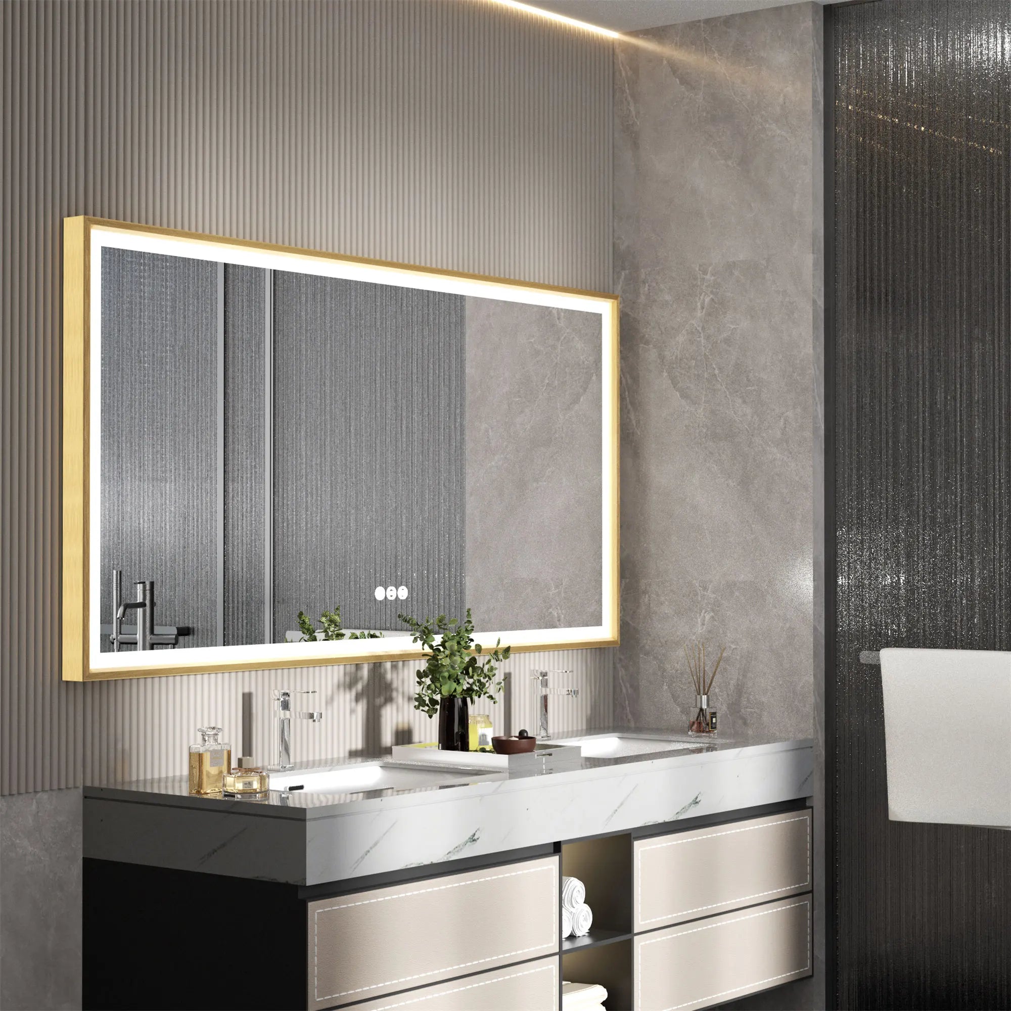 LED Badkamerspiegel Goud Frame – Dimbaar met 3 Lichtkleuren & Anti-Condens