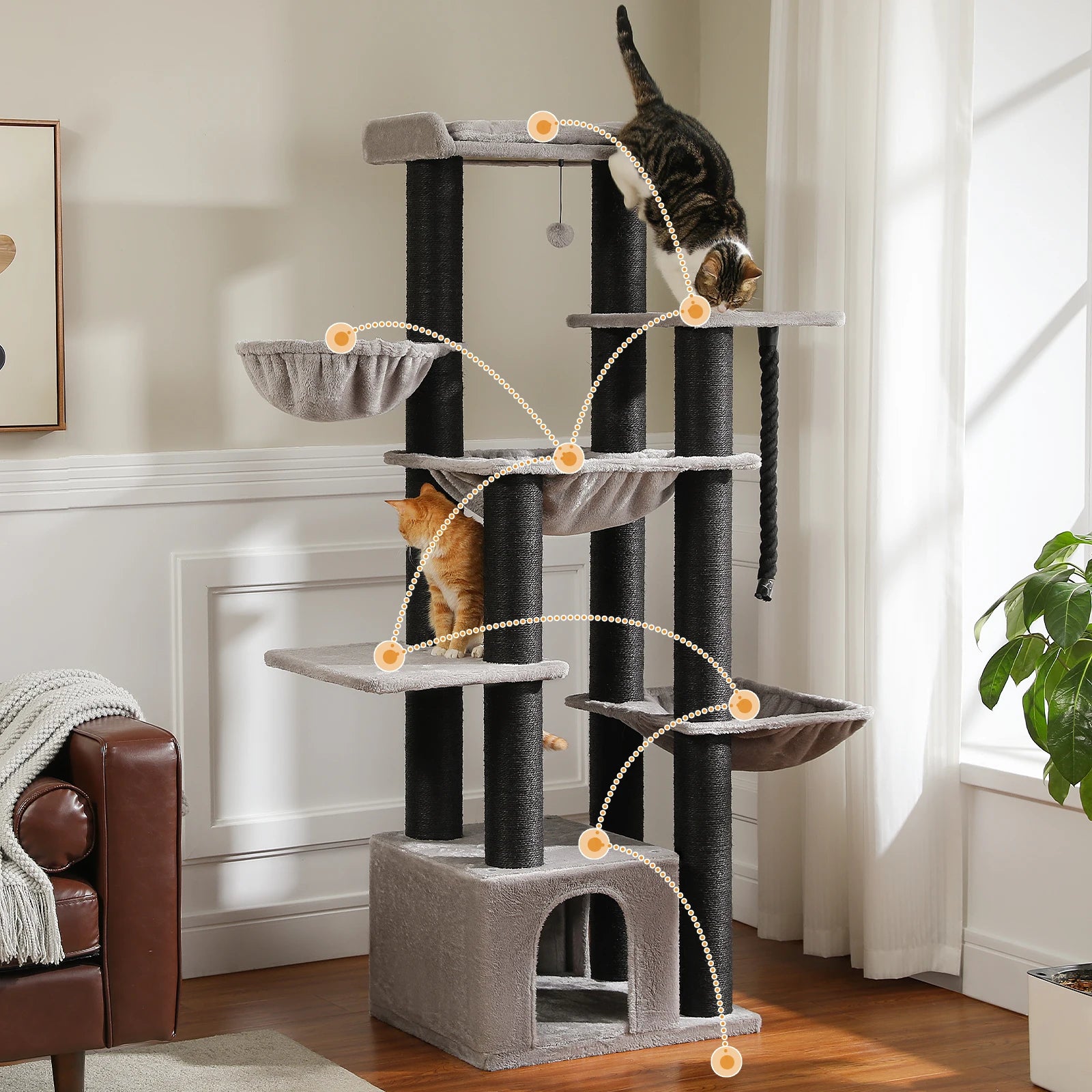 Grote Kattenboom voor Grote Katten – Robuuste Krabpaal met 11 Sisal Palen, Hangmatten en Kattenhuis