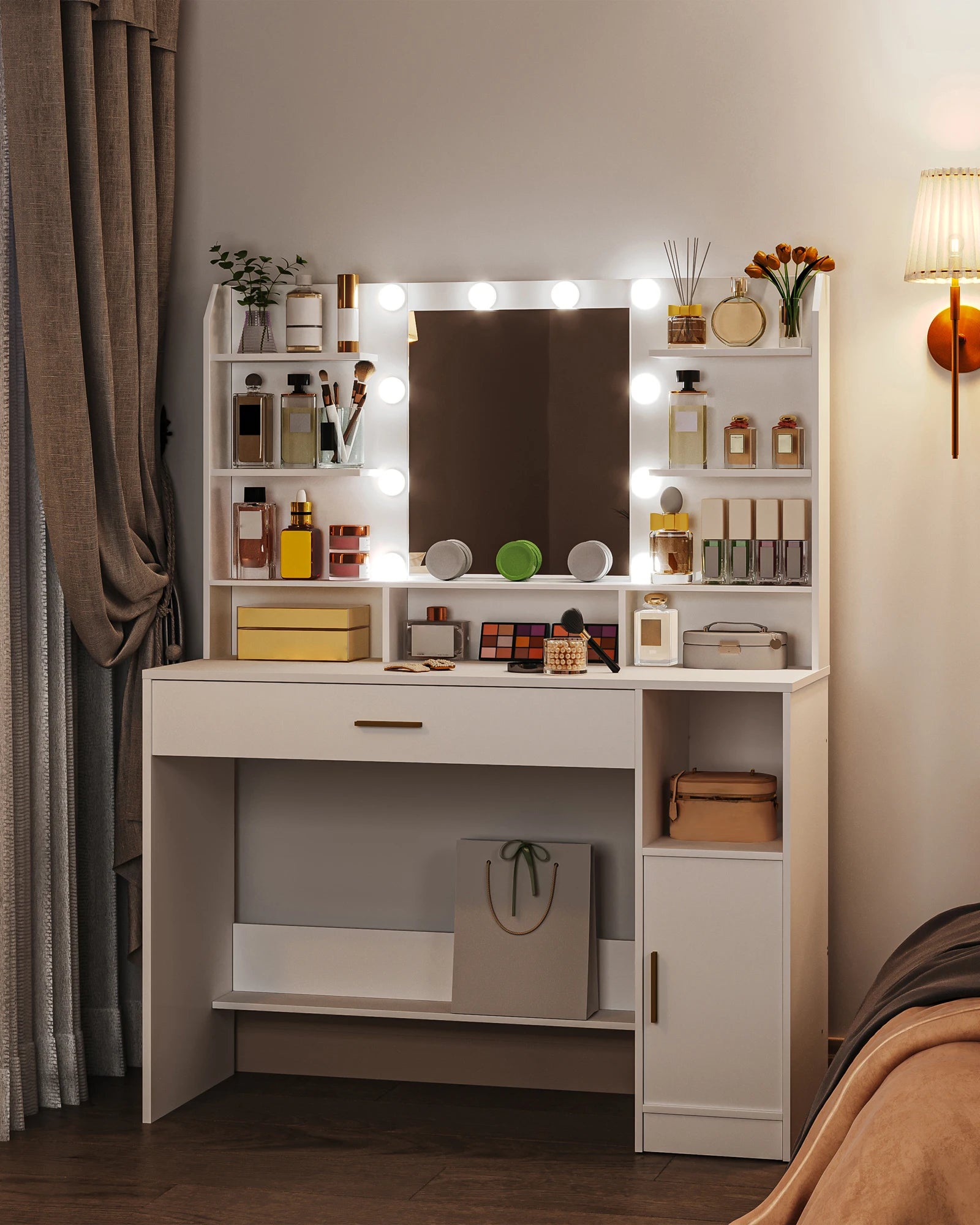 Kaptafel met Spiegel en LED Verlichting – Moderne Make-up Tafel met Lades, Open Opbergruimte en Verstelbare Verlichting – Wit