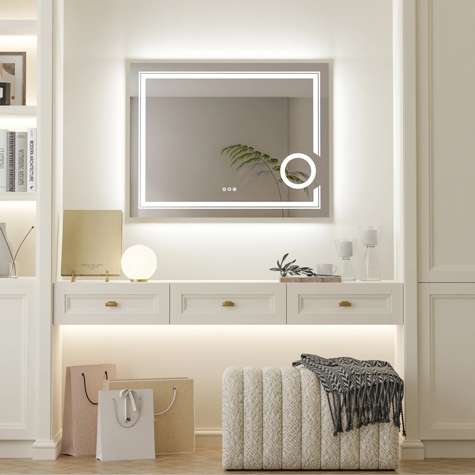 Moderne LED Badkamerspiegel 60×45 cm – Dimbare Verlichting, Anti-Condens & Touch Bediening – Wandspiegel met Verlichting en 3x Vergrootglas
