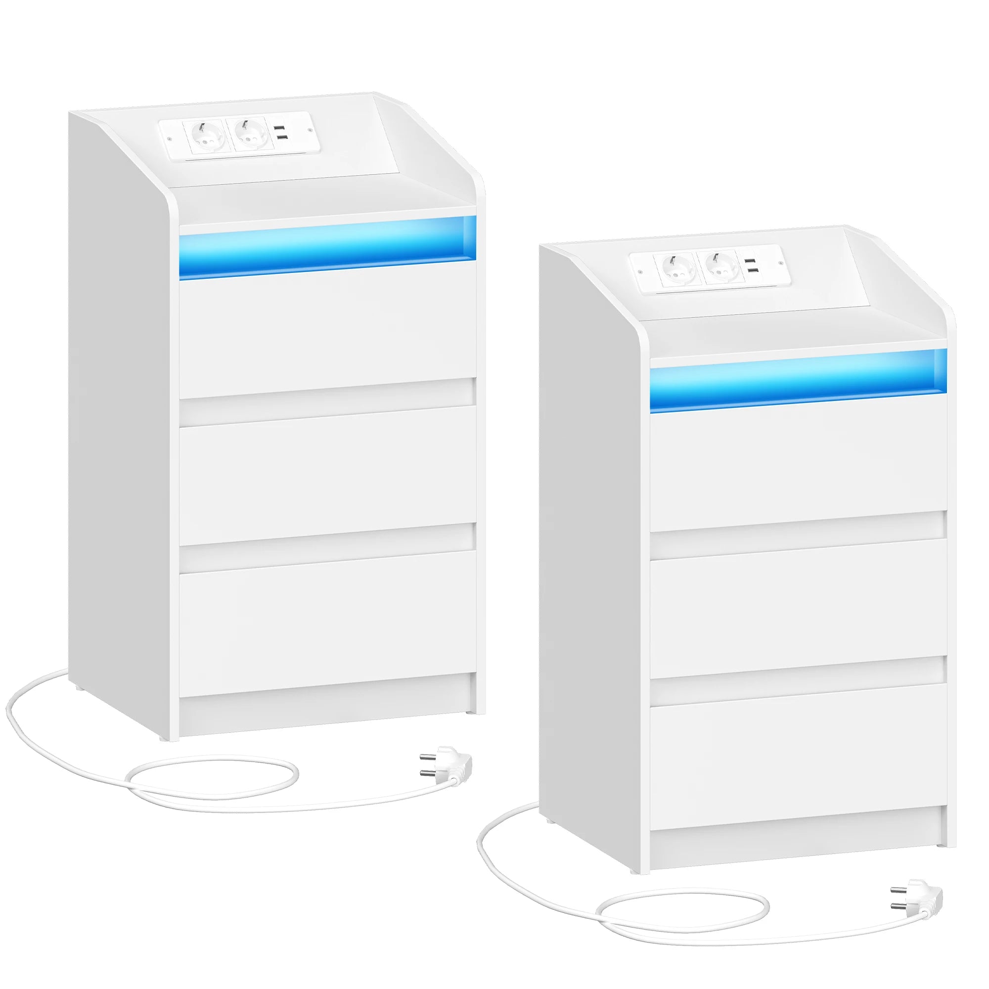 Nachtkastje Set van 2 met 3 Lades – LED Verlichting & Oplaadstation (2 AC + 2 USB) – Moderne Witte Bedside Tables voor Slaapkamer