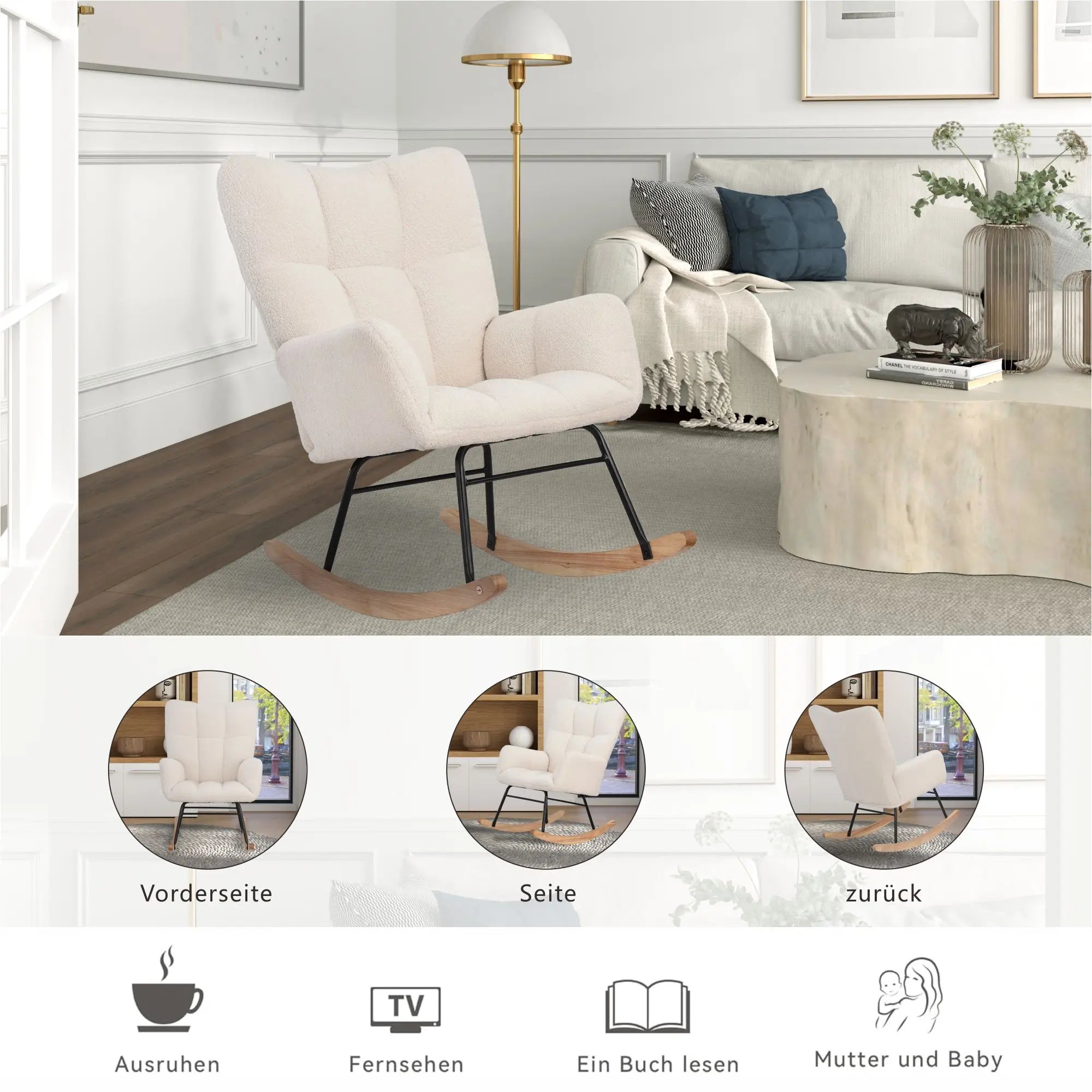 Moderne zachte pluche schommelstoel met armleuningen – comfortabele woonkamer stoel