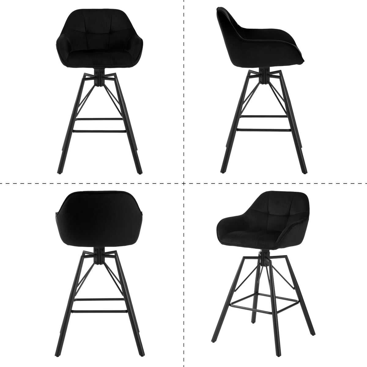Set van 4 Draaibare Velvet Barstoelen – Zwarte Barkrukken met Rugleuning, Armleuningen & Voetensteun – 360° Draaibaar – Zithoogte 72 cm