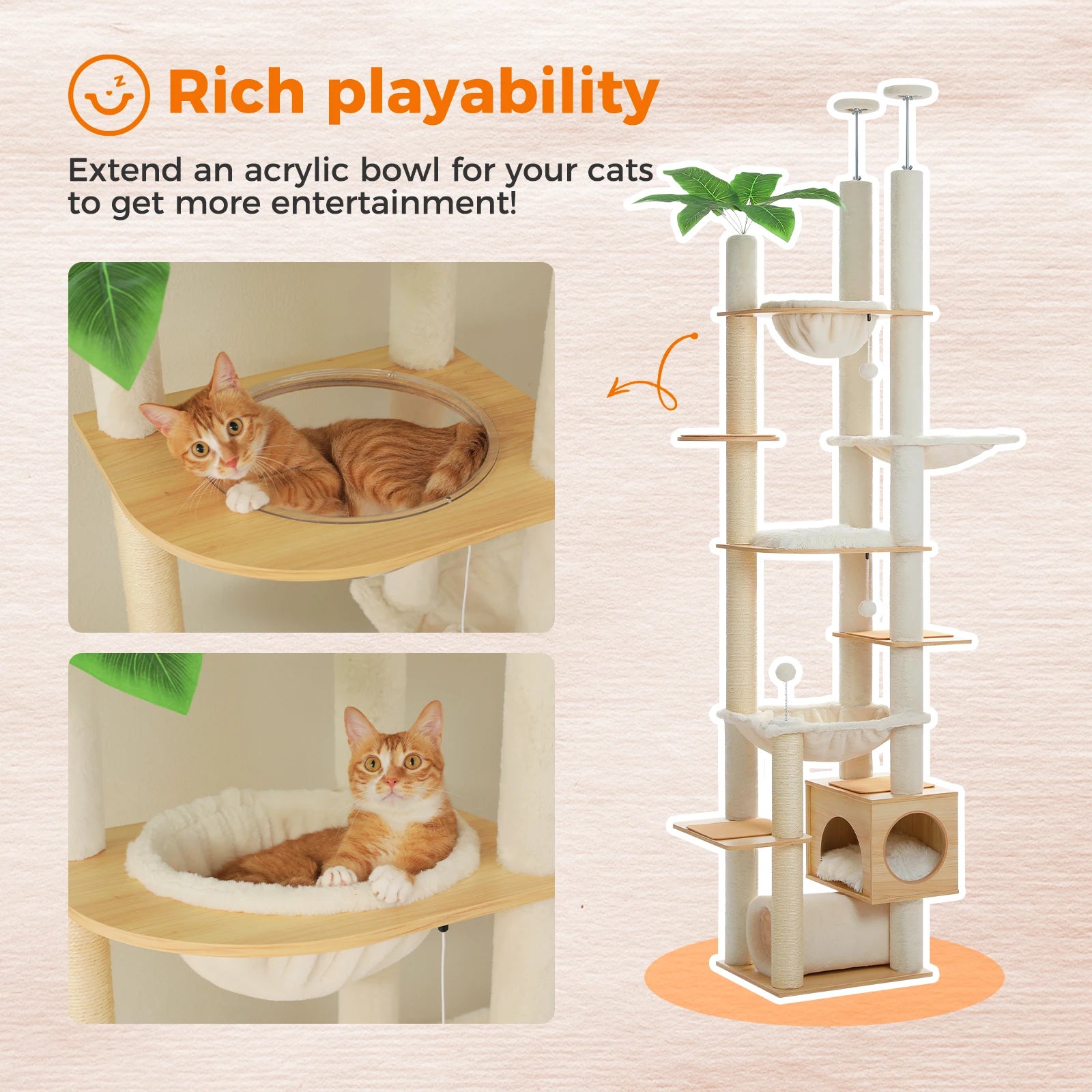 Verstelbare Houten Krabpaal tot Plafond met Hangmat en Kattenhuis – Grote Kattenboom met Sisal Krabpalen en 7 Niveaus – Luxe Katten Klimtoren voor Binnen