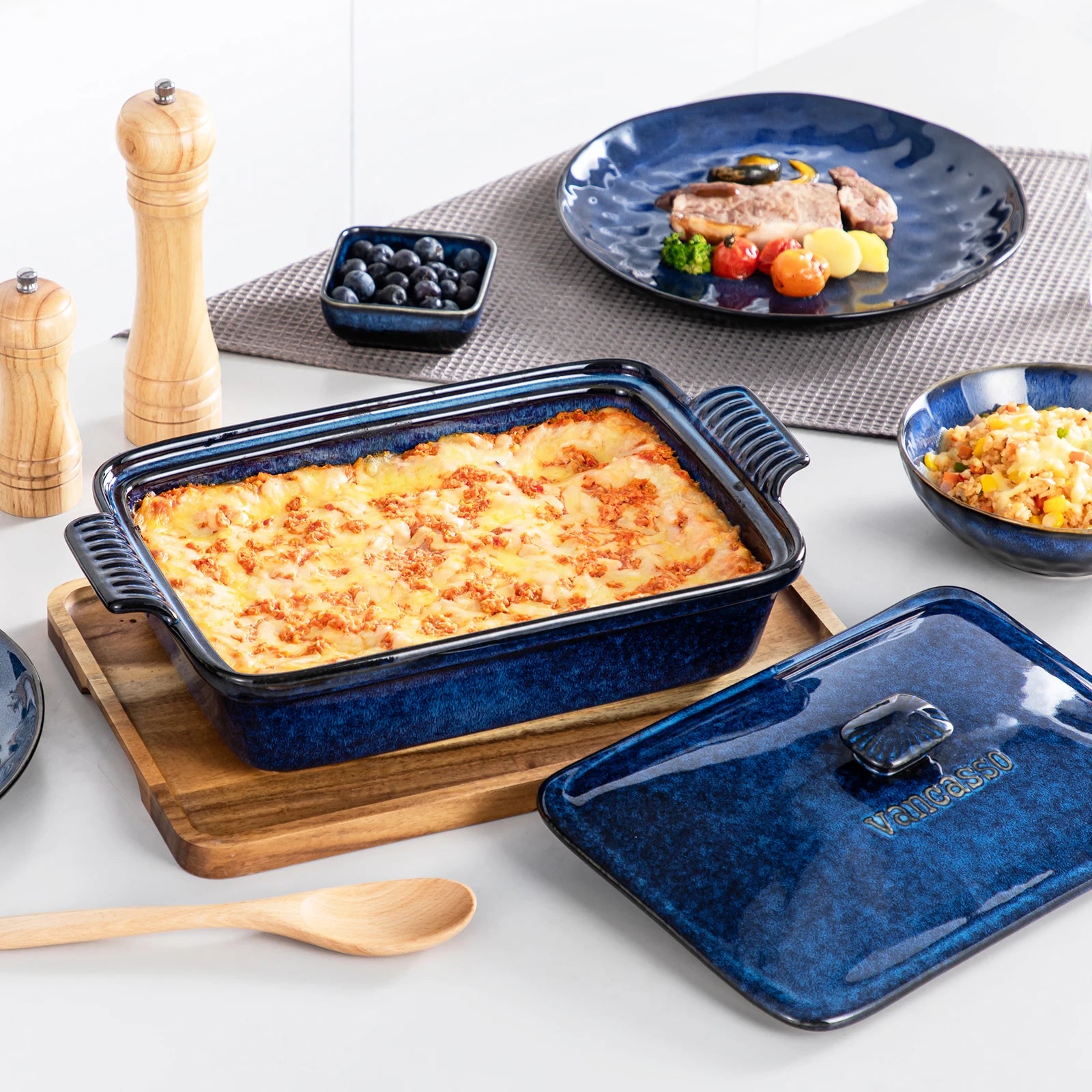 Ovenschaal met Deksel 3,8L – Blauwe Lasagneschaal van Steengoed voor Oven en Magnetron