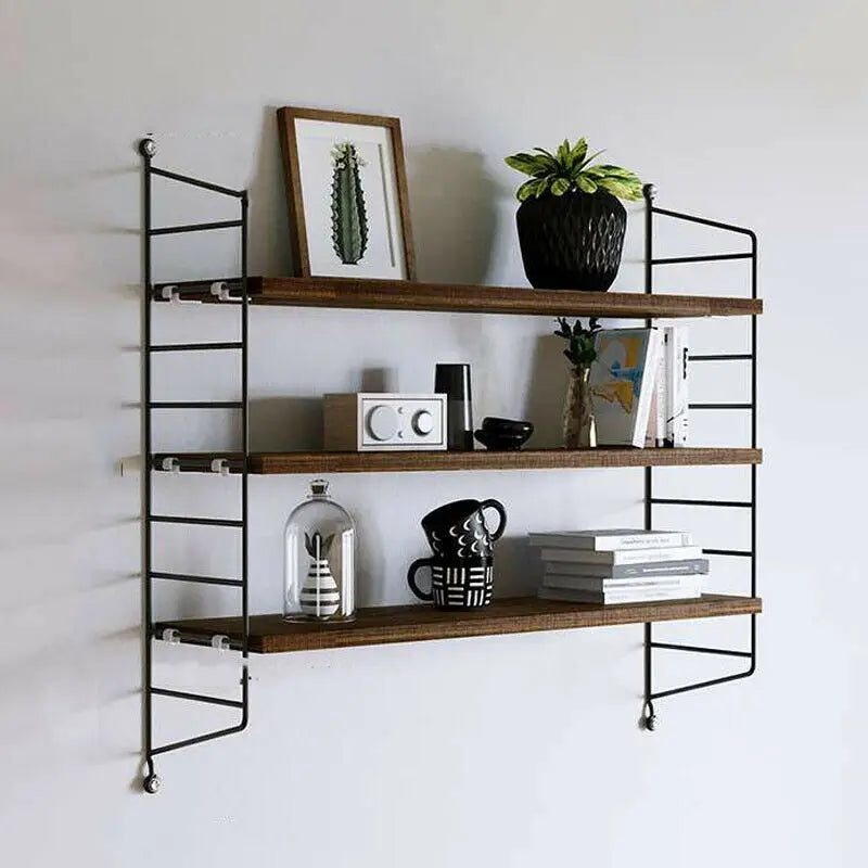 Moderne Zwevende Wandplanken 23 Inch – Industrieel Wandrek met Metaal en Hout = 3-Laags Verstelbare Wandplank
