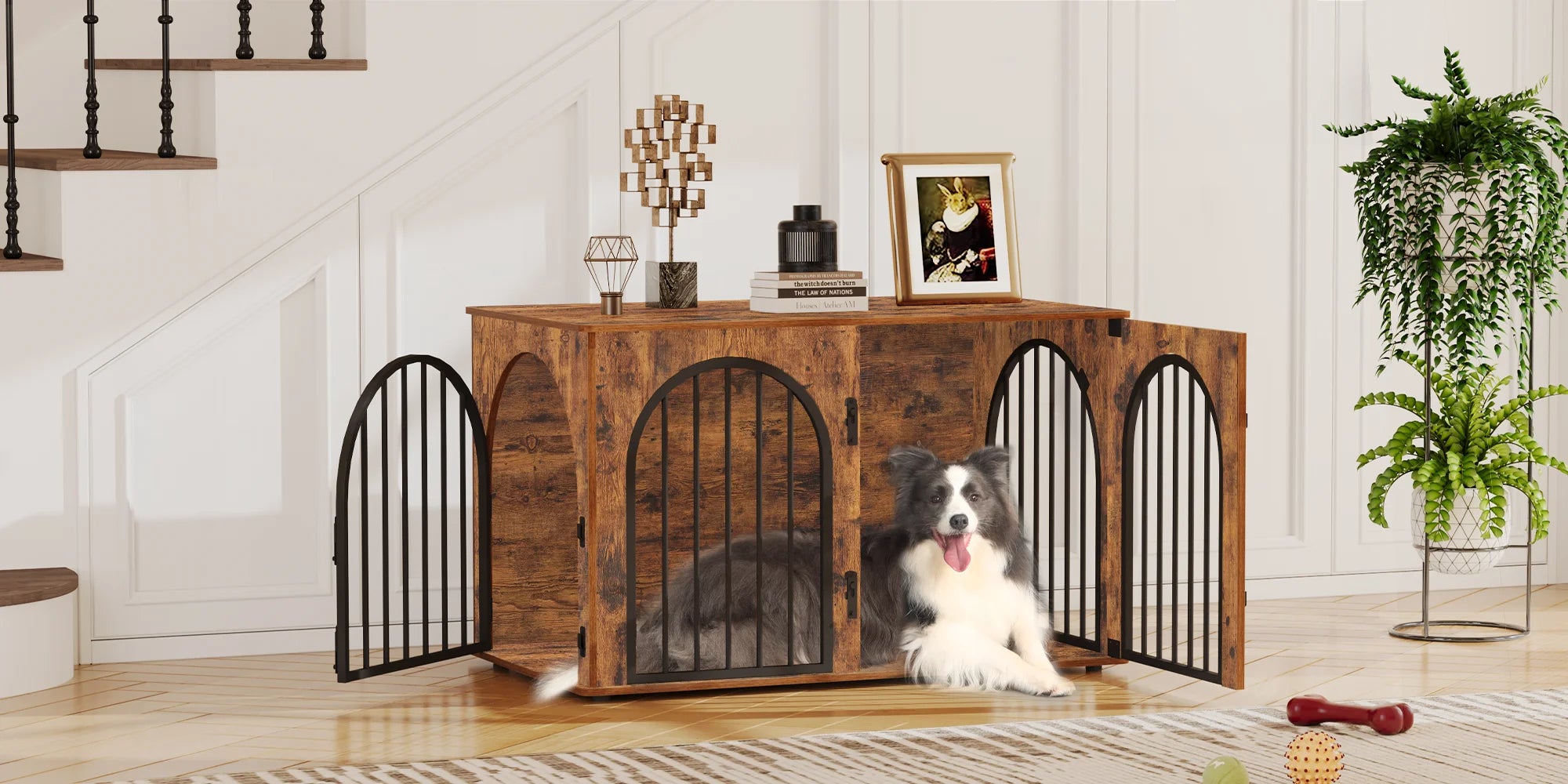 Houten Hondenbench Meubel 100 cm – Luxe Design Hondenkooi met 3 Deuren – Stevige Dog Crate voor Binnen – Bijzettafel & TV Meubel