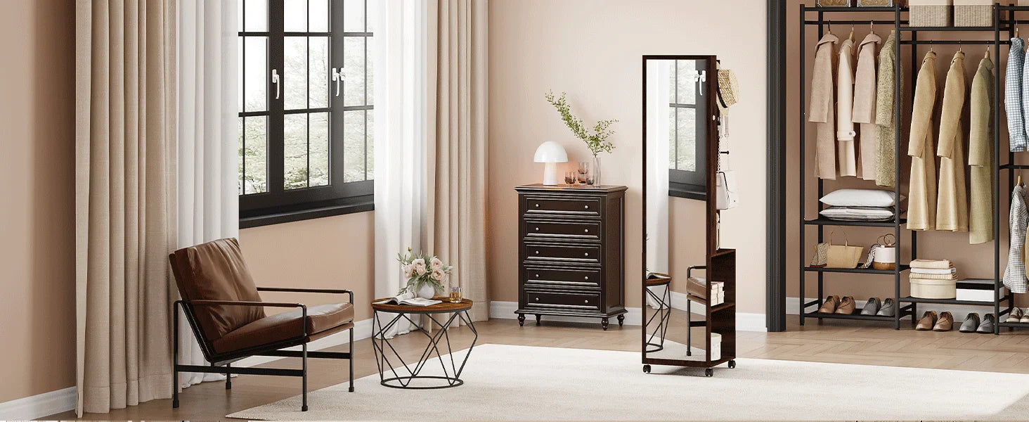 Sieradenkast met Spiegel en LED Verlichting – Staande Sieraden Organizer met Kledingrek, Opbergrek en Wielen