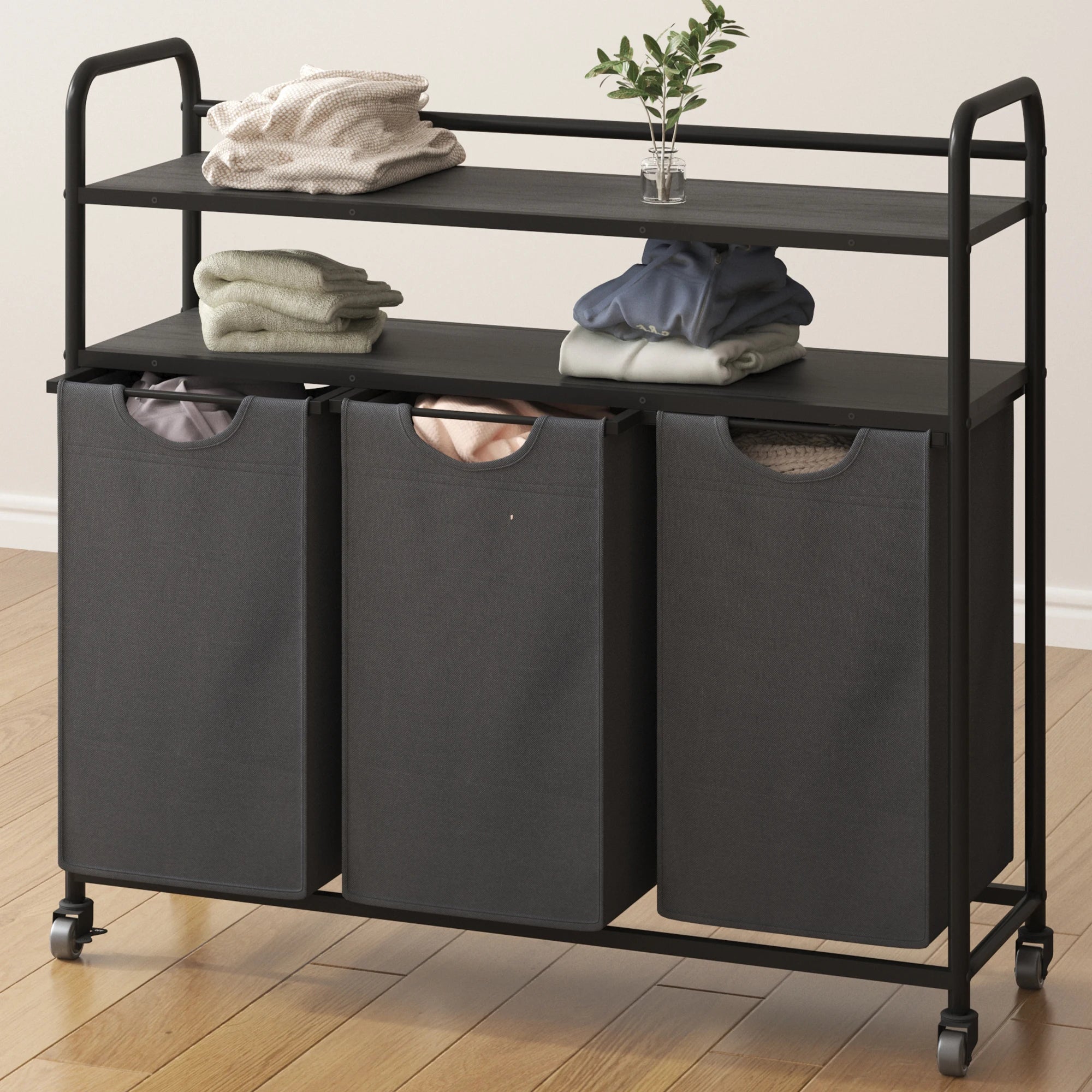 Wasmand met 3 Vakken & Wieltjes – Grote Wasverzamelaar met 2 Planken, Uitschuifbare Liners en Organizer – Voor Badkamer, Slaapkamer & Waskamer