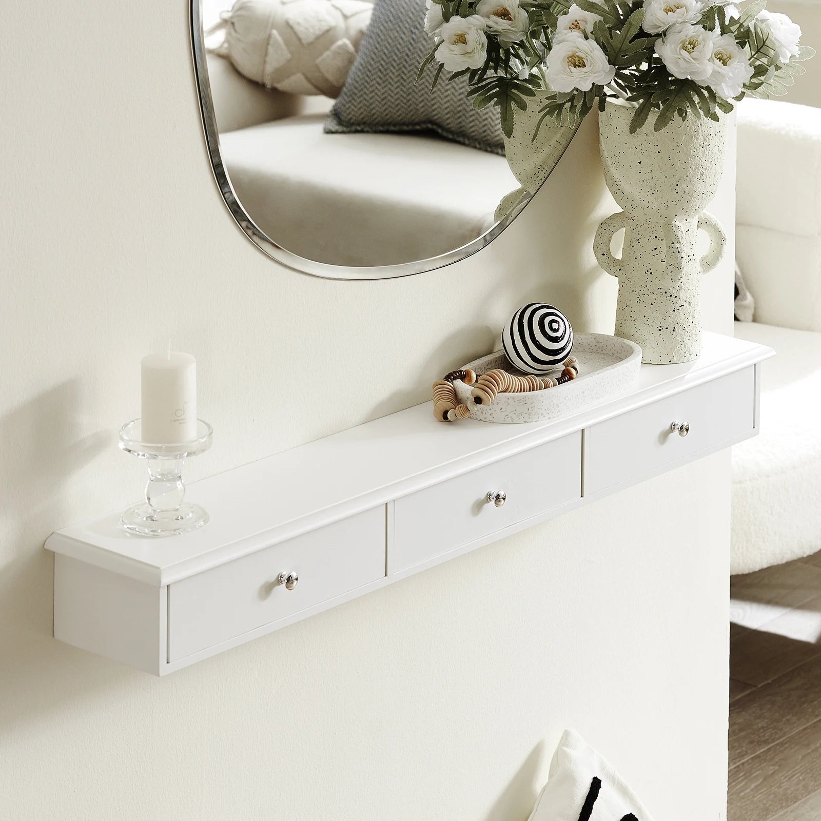 Smalle wandkast met 3 lades – Wandmeubel opbergruimte voor hal, badkamer & woonkamer