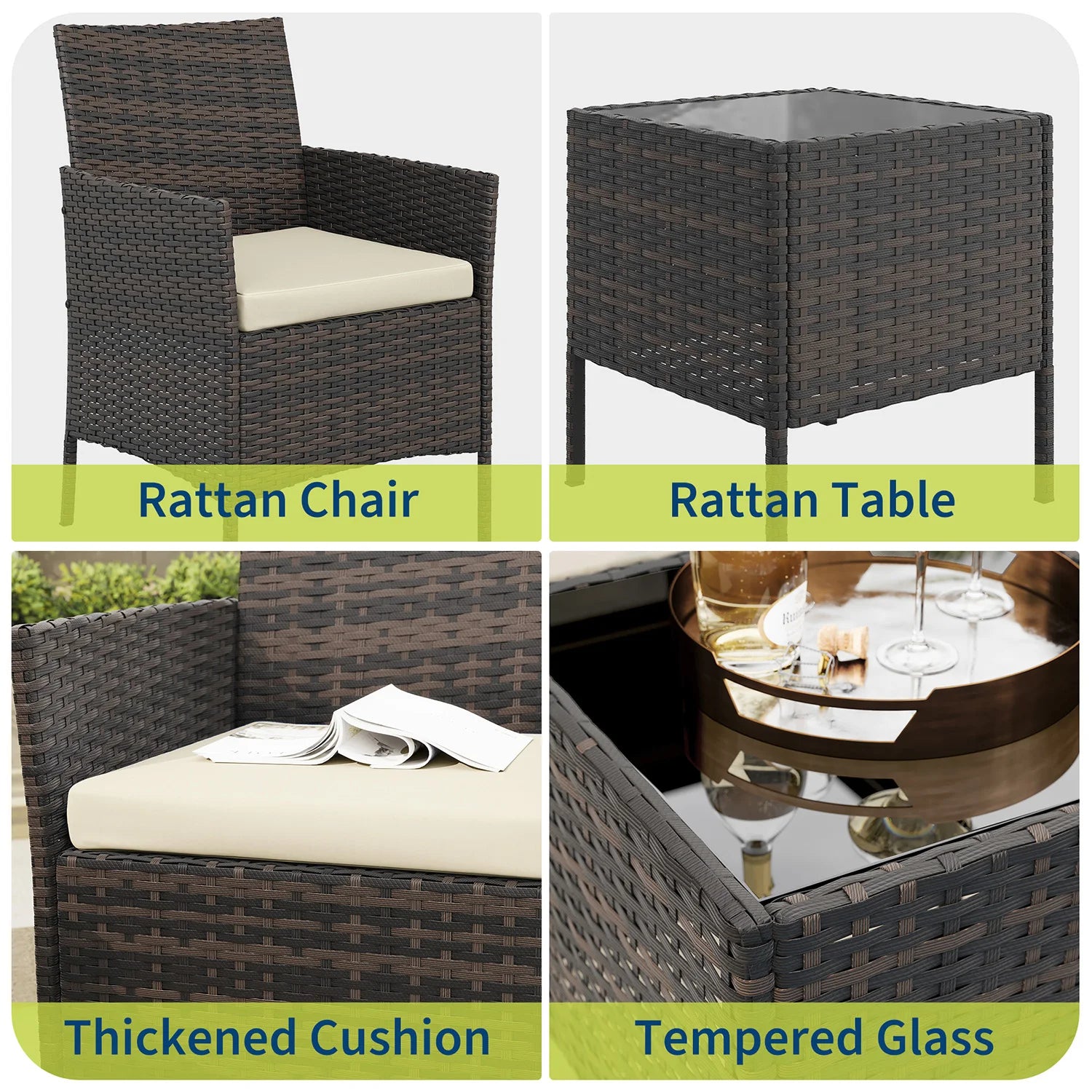 3-Delige Rotan Bistroset met Kussens – 2 Tuinstoelen & Glazen Salontafel – Tuinset voor Tuin, Terras & Veranda