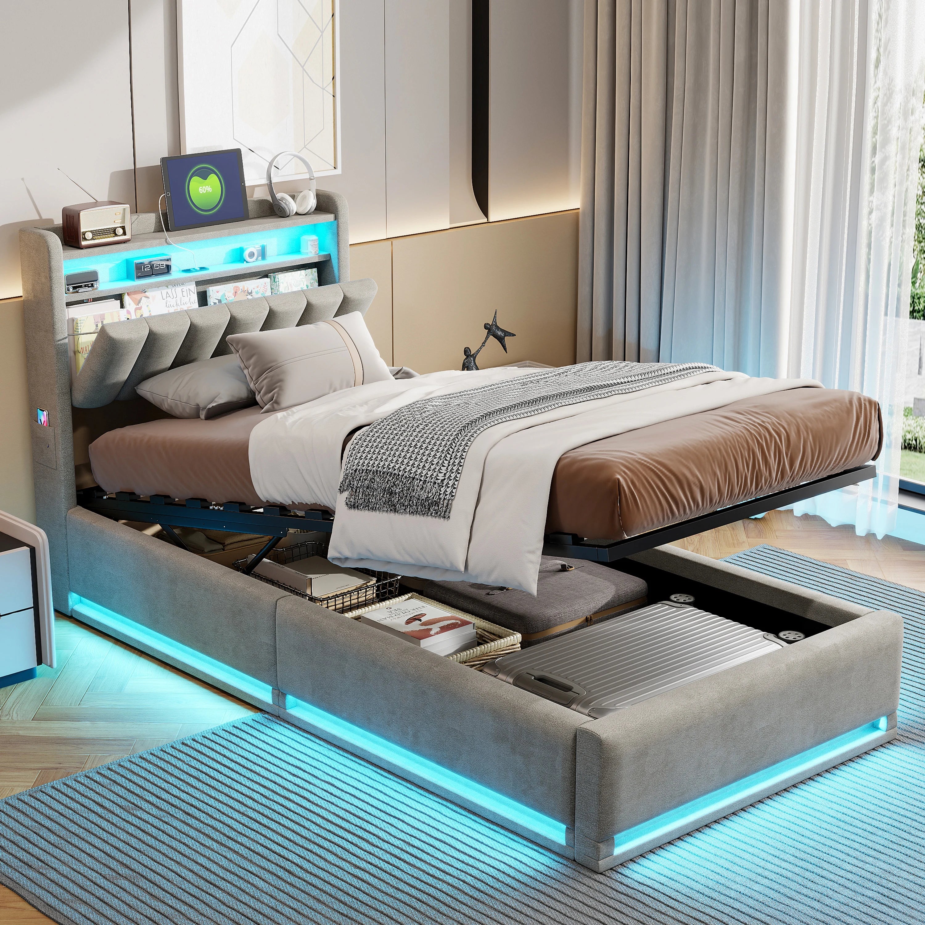 Tweepersoonsbed met geïntegreerde LED‑verlichting, USB‑oplaadfuncties en opbergruimte – Modern en functioneel bedframe