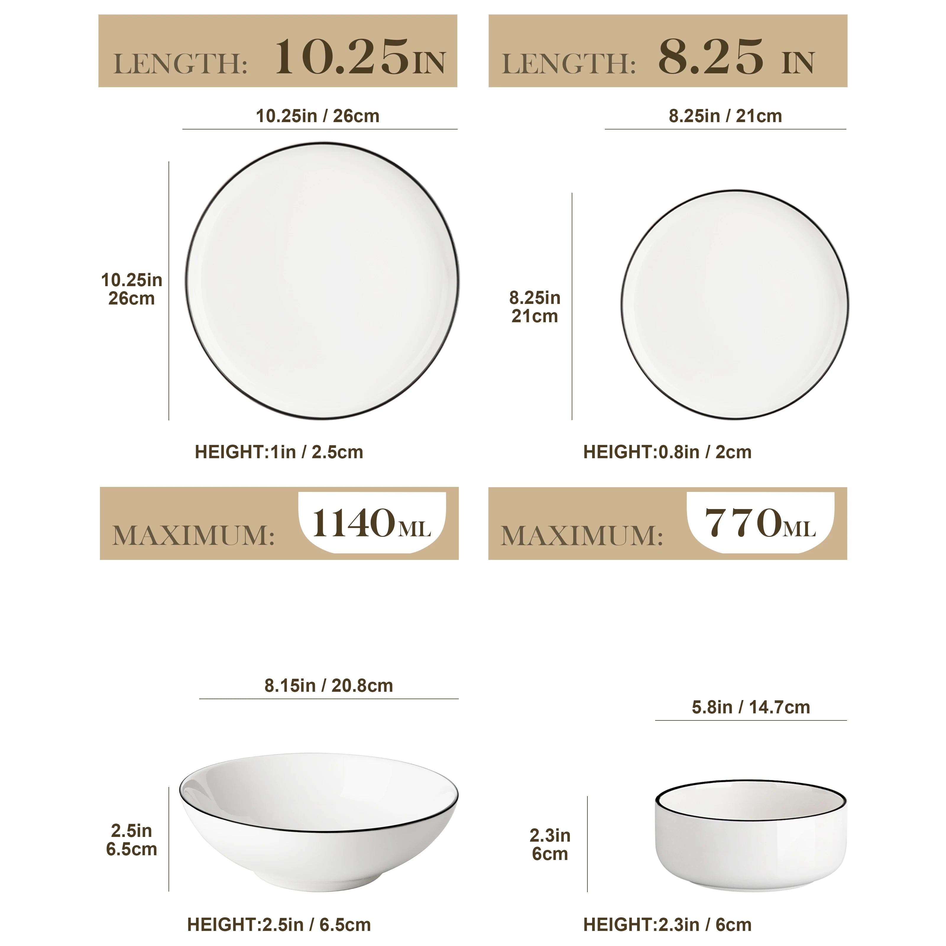 Serviesset 24/48-delig – Porseleinen Borden & Schalen met Zwarte Rand – Luxe Servies Set voor 6/12 Personen