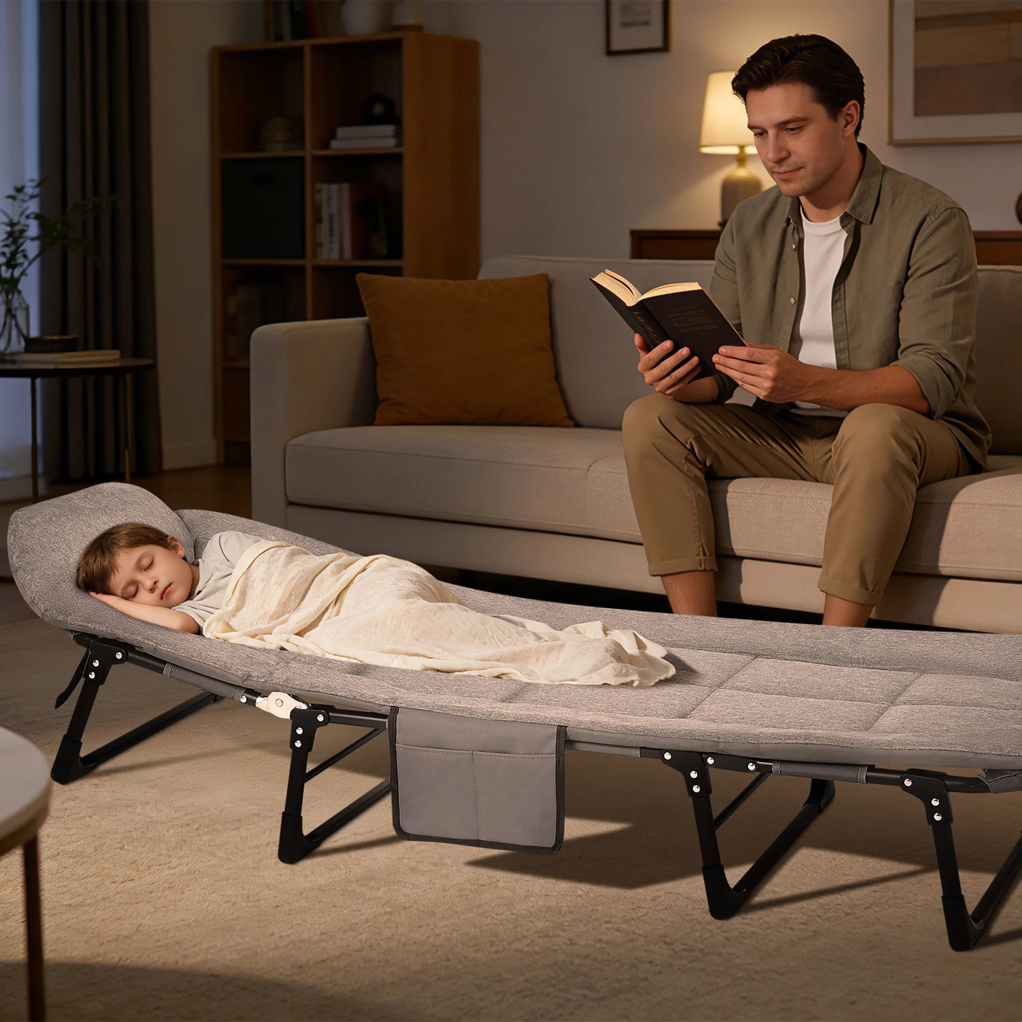 Draagbaar Campingbed met Matras en Kussen – Opvouwbaar Ligbed met Verstelbare Rugleuning en Zijvak