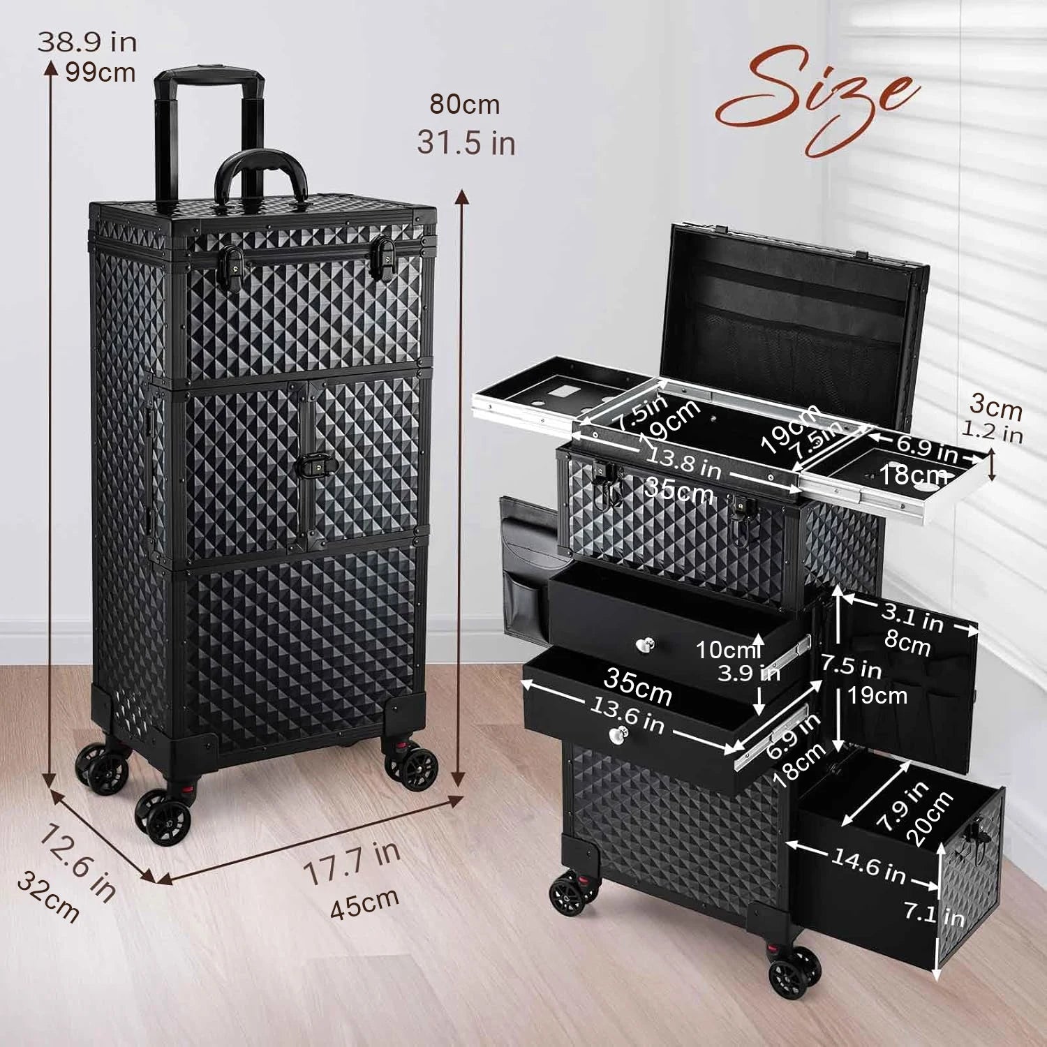 Professionele Make-up Koffer Trolley met Slot en Wielen – Cosmetica Organizer 56-75L – Rollende Beauty Case voor Kapper en Visagist
