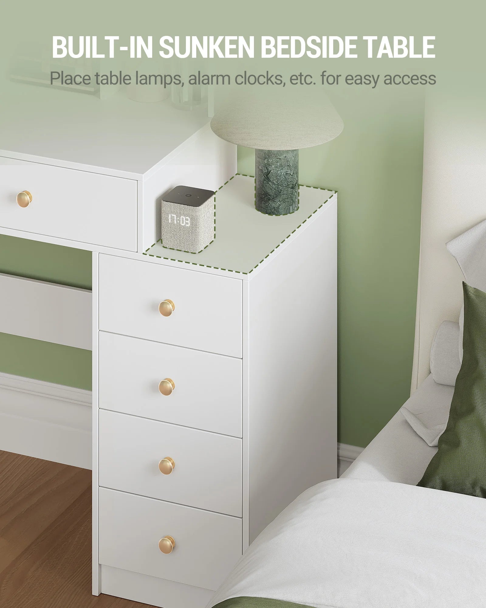 Moderne Make‑up Tafel met LED‑Verlichting, Spiegel & Veel Opbergruimte – 8 Open Vakken, 6 Laden, Sieradenvak – Witte Kaptafel voor Slaapkamer