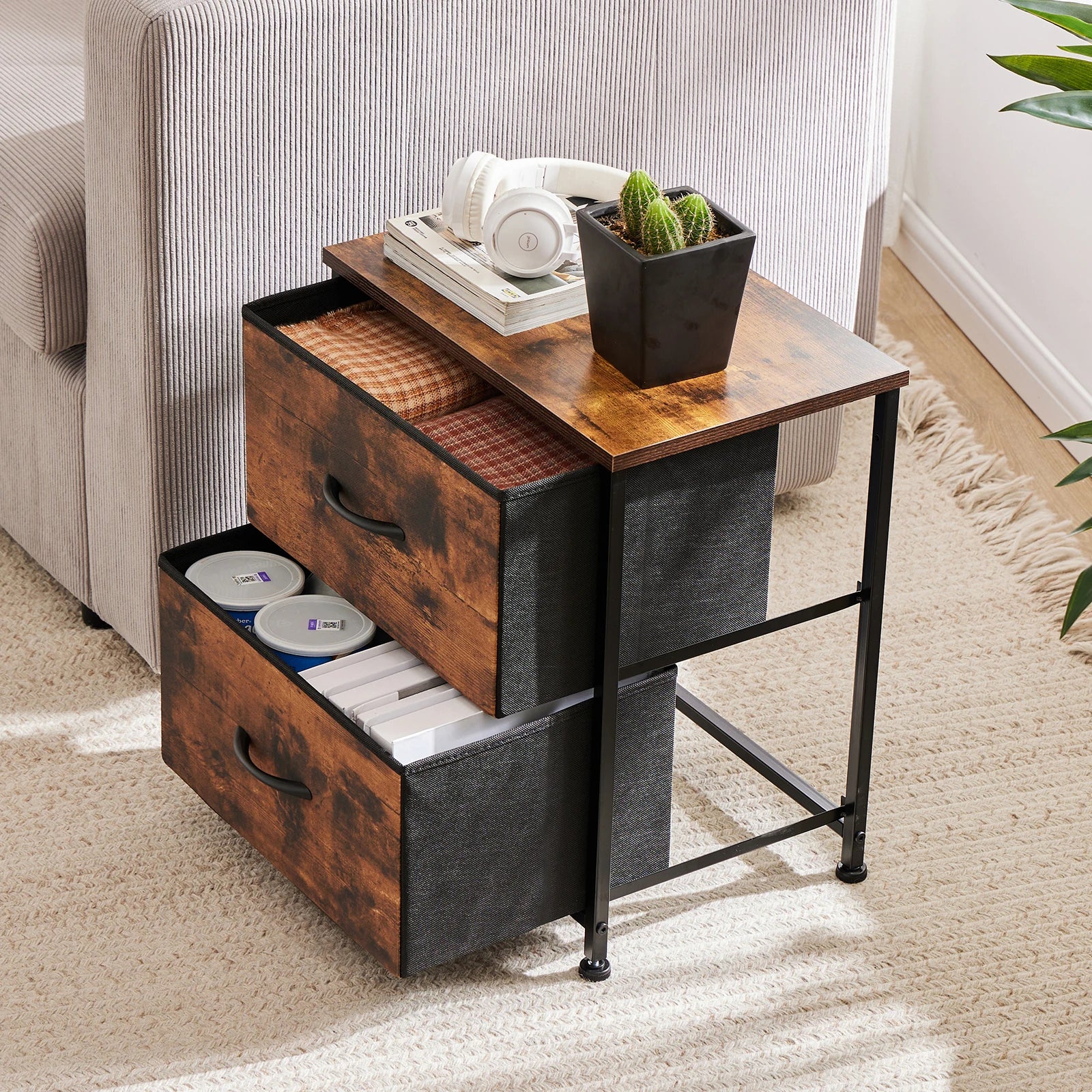 Multifunctioneel Nachtkastje met 2 Stoffen Lades – Modern Bijzettafel voor Slaapkamer en Woonkamer