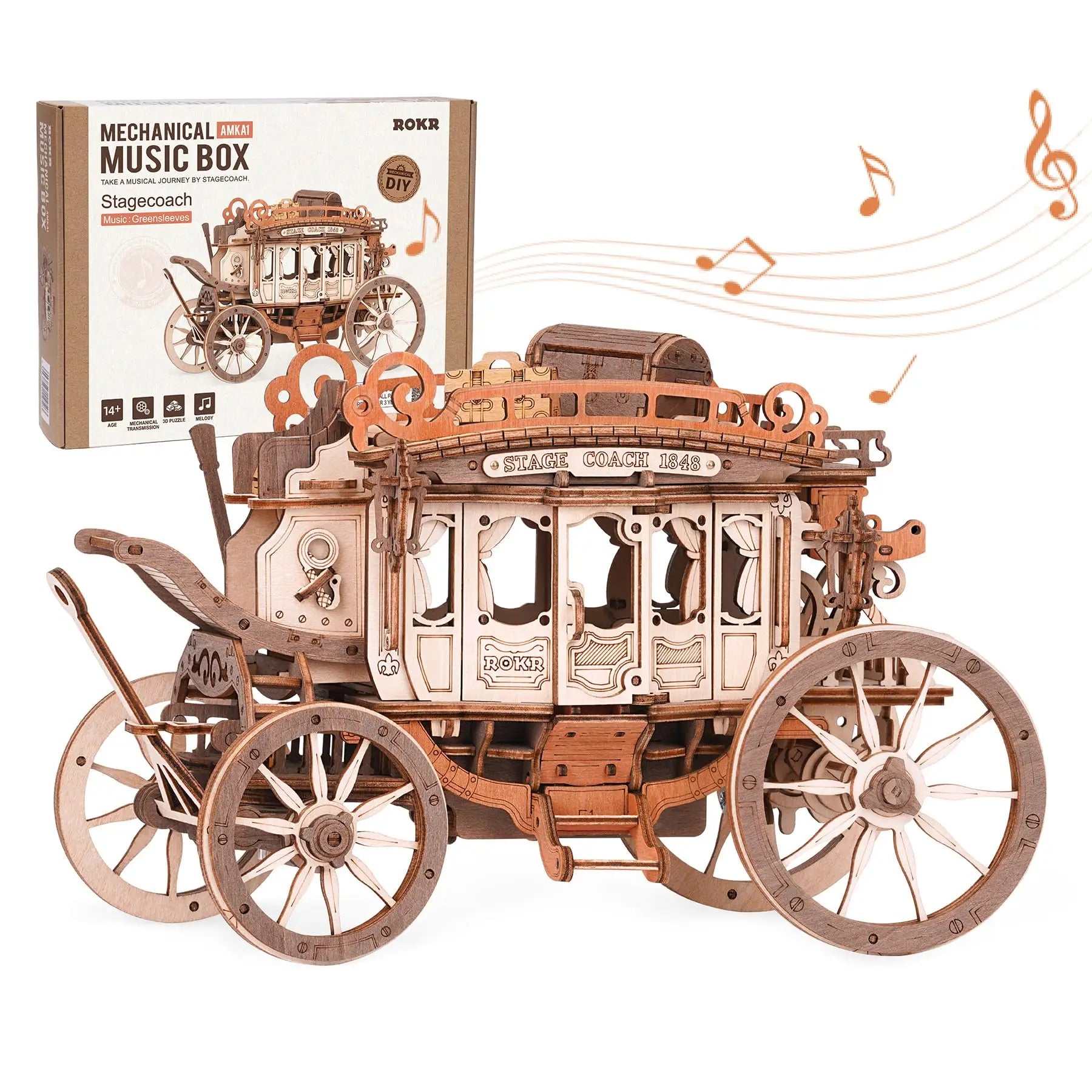 3D Houten Puzzel Muziekdoos – Stagecoach Model voor Volwassenen – Creatieve STEM Hobby Kit