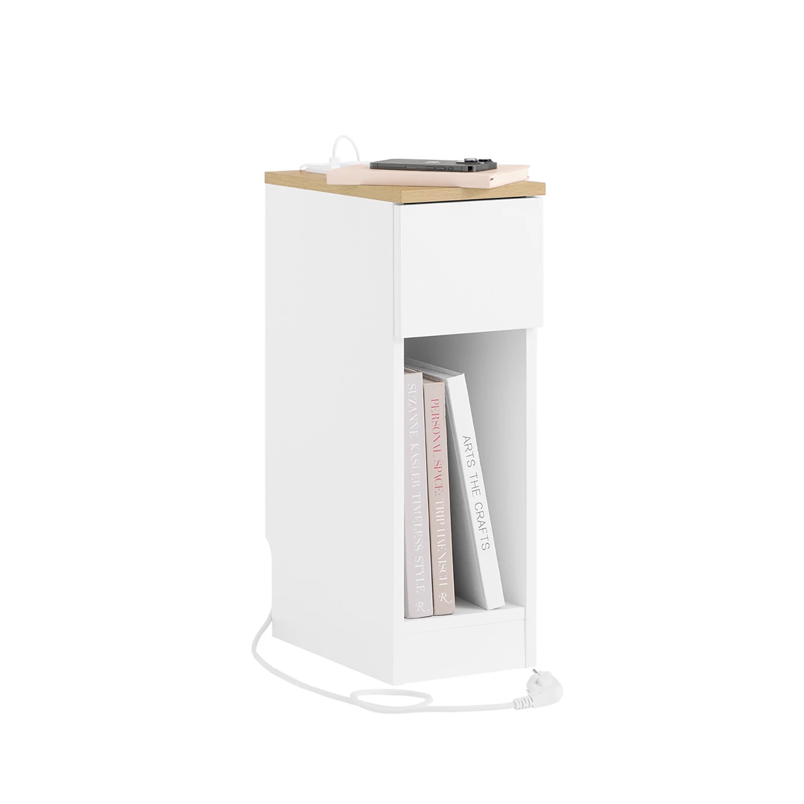 Modern smal nachtkastje met lade en opbergruimte – strak wit design