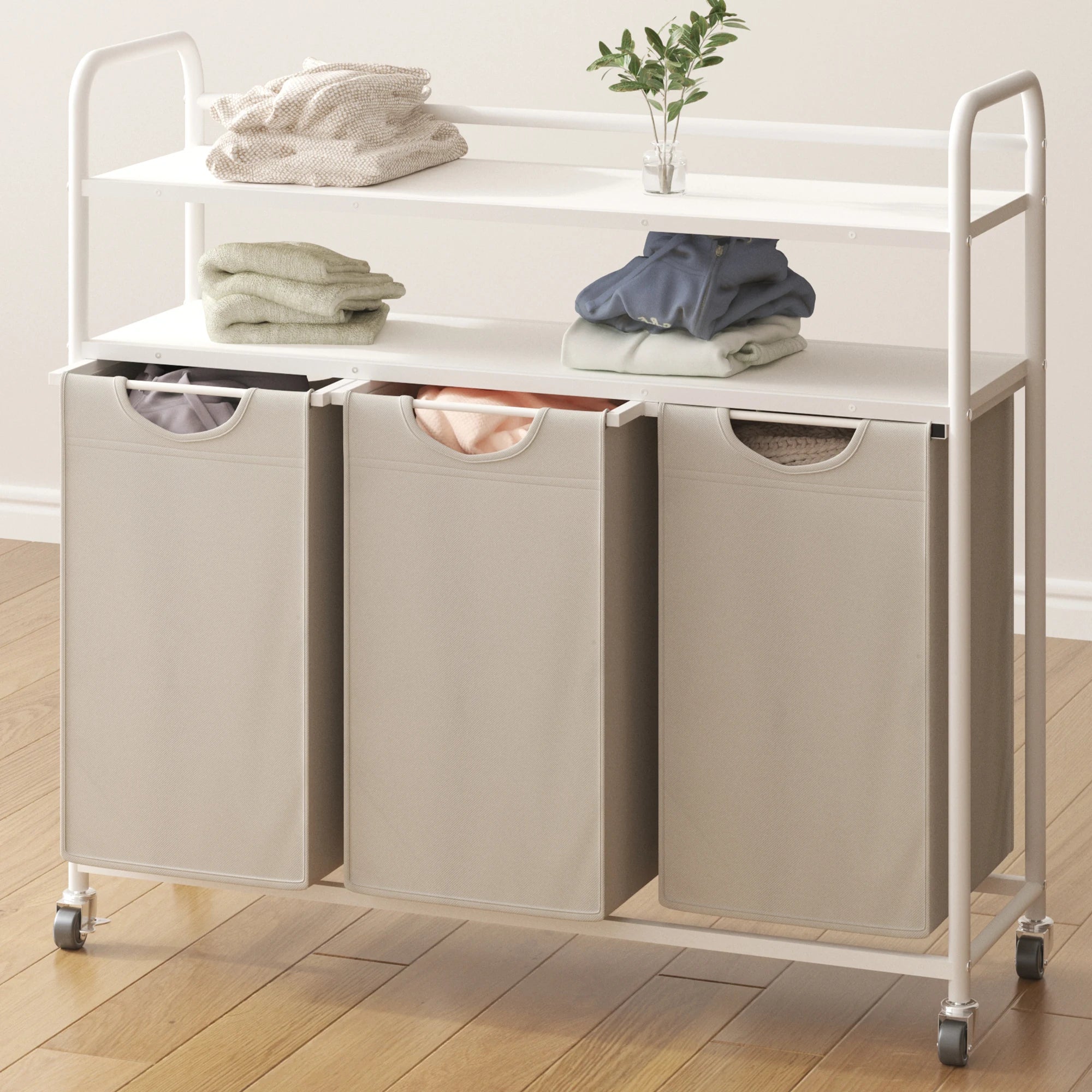 Wasmand met 3 Vakken & Wieltjes – Grote Wasverzamelaar met 2 Planken, Uitschuifbare Liners en Organizer – Voor Badkamer, Slaapkamer & Waskamer