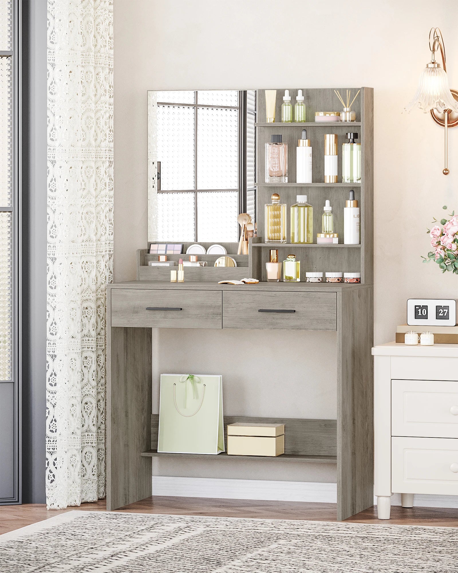 Kaptafel met Spiegel en Lades – Witte Make-up Tafel met Opbergruimte, 4 Open Planken & 2 Lades – Moderne Vanity Tafel Slaapkamer