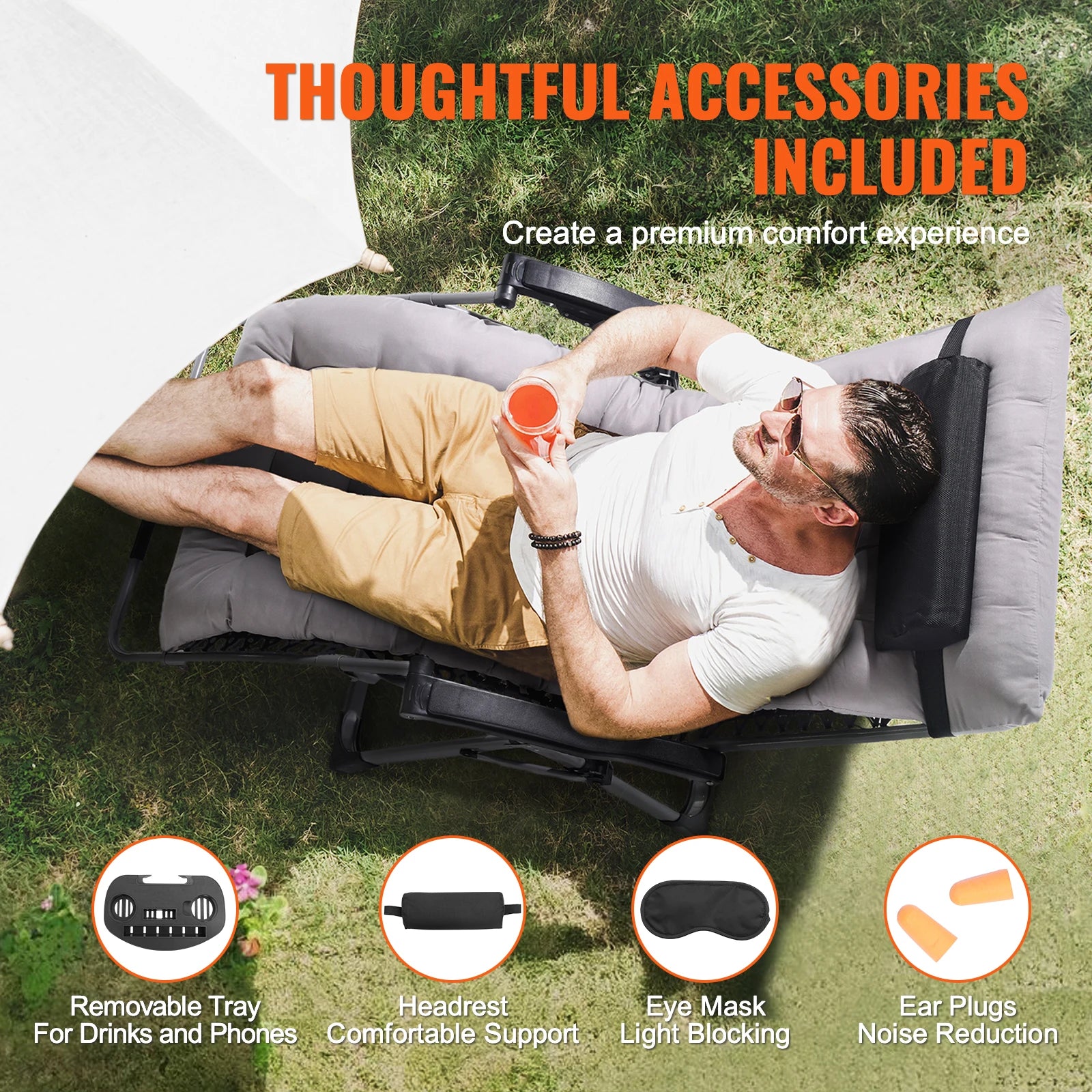 Zero Gravity Stoel Verstelbaar met Kussen & Accessoires – Comfortabele Ligstoel voor Tuin, Camping & Balkon