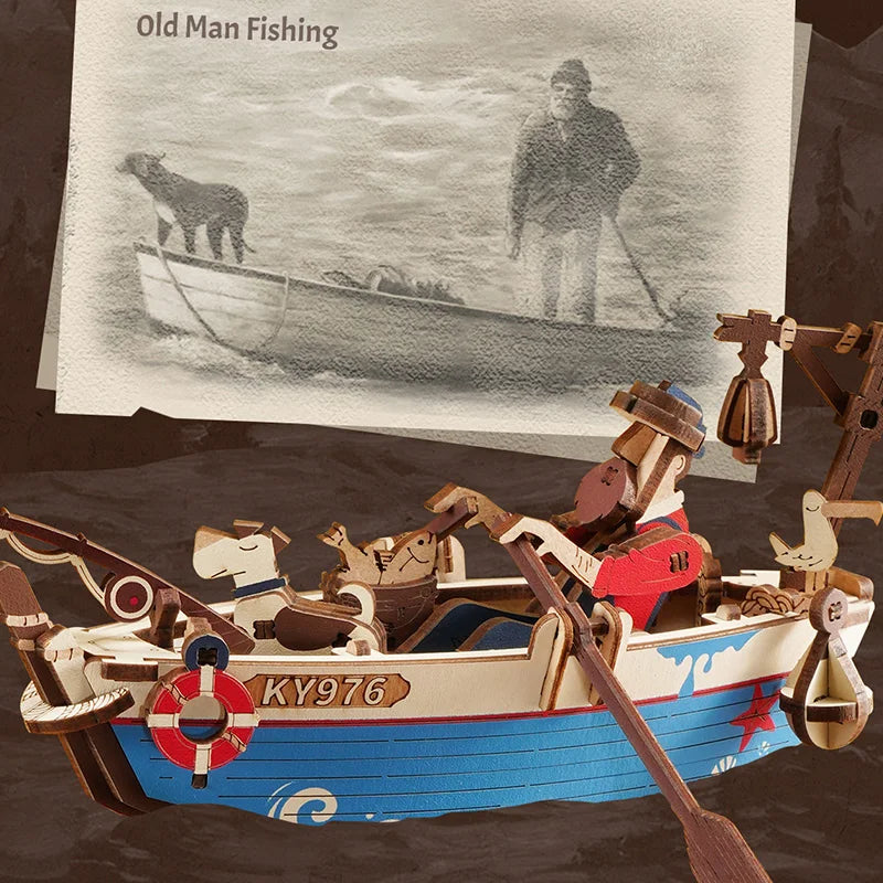 3D Houten Puzzel Vissersboot – DIY Bouwpakket met Bewegende Onderdelen – Mechanische Modelboot Decoratie en Creatief Cadeau 14+