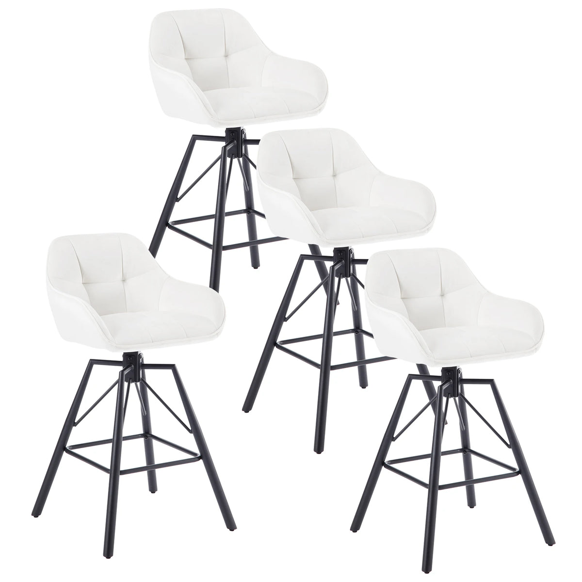 Set van 4 Draaibare Velvet Barstoelen – Zwarte Barkrukken met Rugleuning, Armleuningen & Voetensteun – 360° Draaibaar – Zithoogte 72 cm