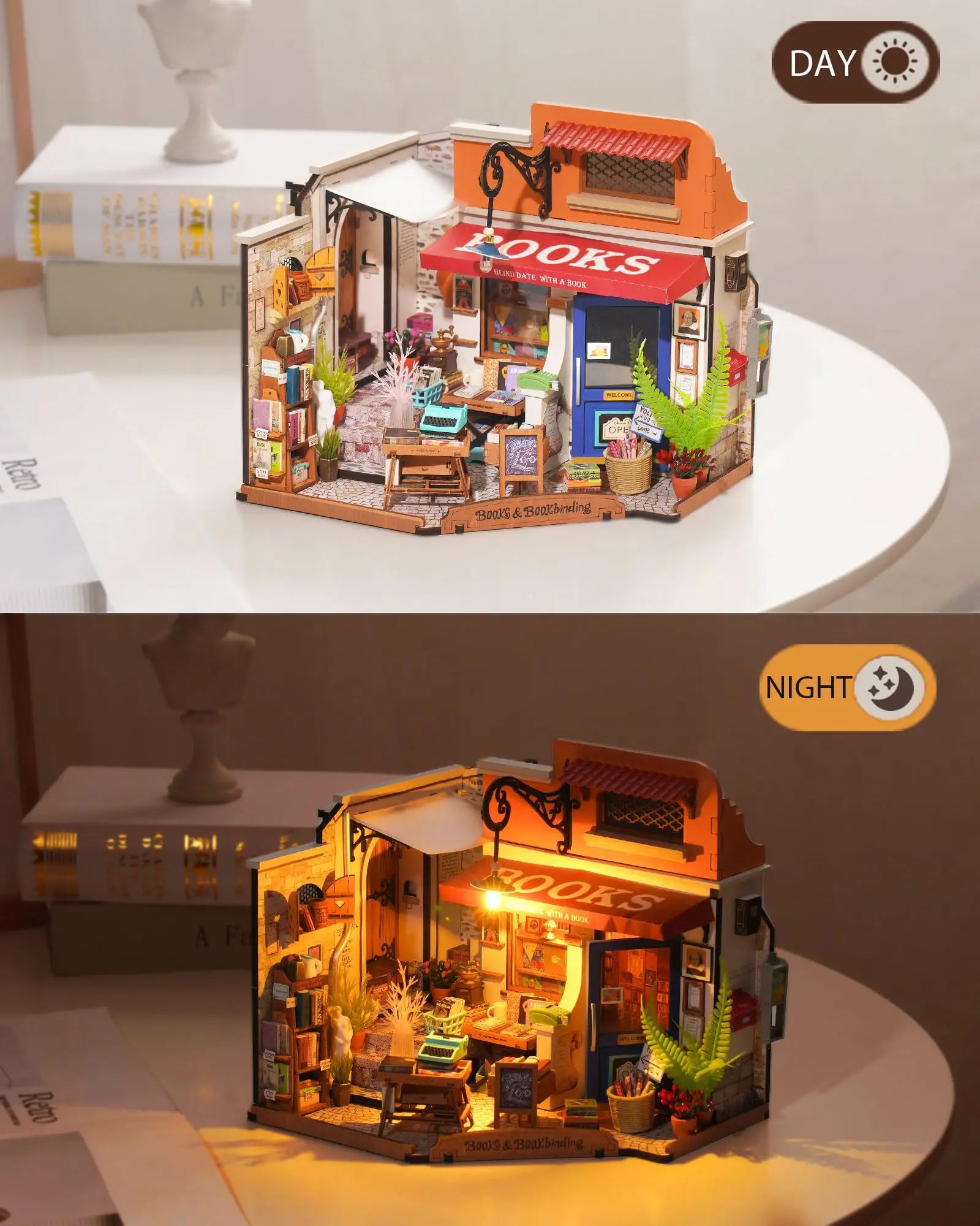 Miniatuur Boekwinkel Bouwpakket – DIY Houten Huisje met LED Verlichting – Creatief Knutselpakket voor Hobby en Cadeau