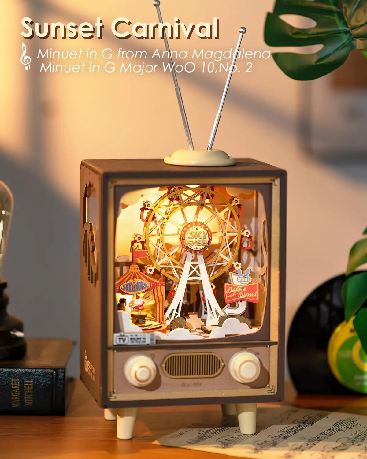3D Houten Muziekdoos Reuzenrad met Licht – Sunset Carnival Nachtlampje en Decoratie – USB Oplaadbaar voor Woonkamer en Slaapkamer