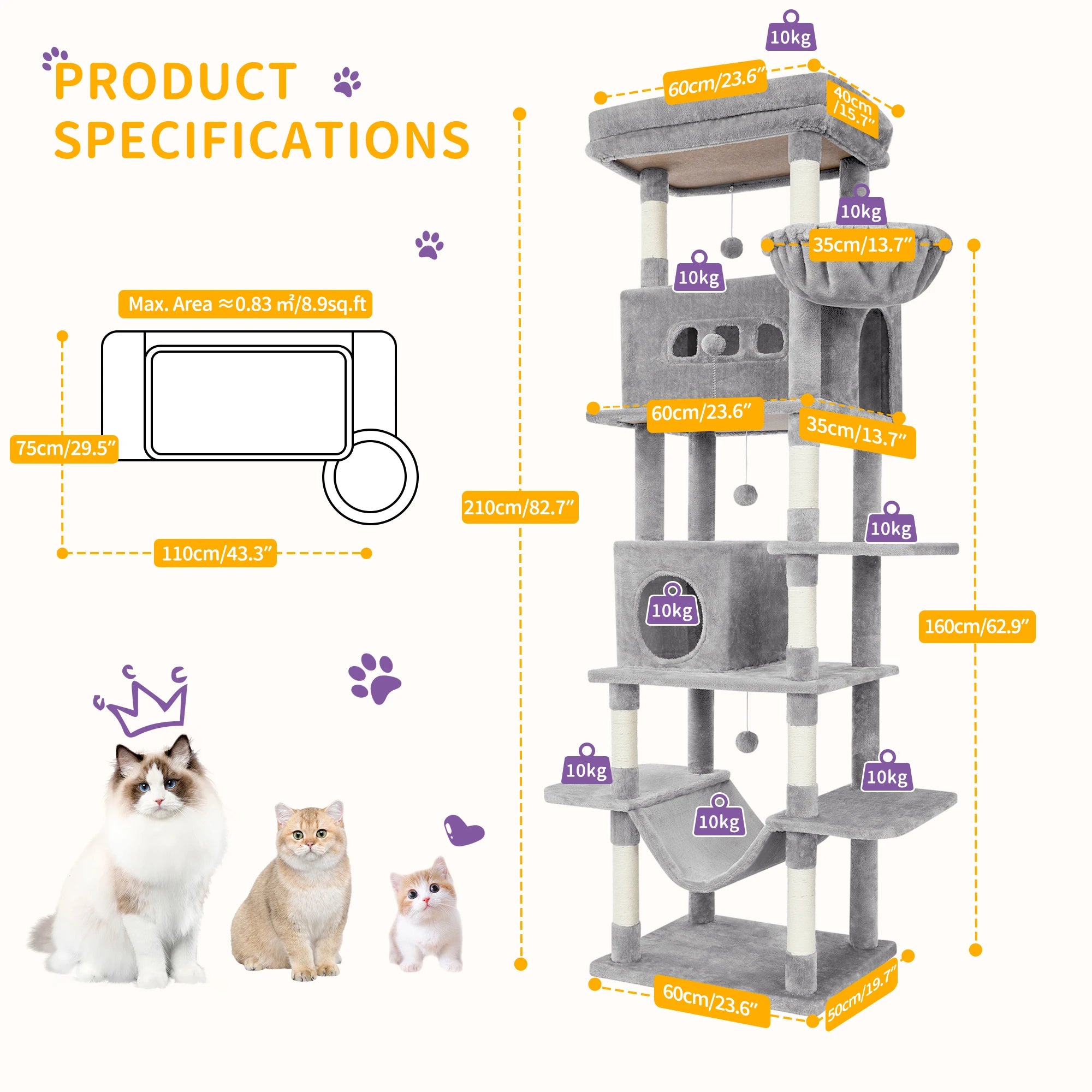 210 cm Grote Krabpaal Kattenboom – Luxe Multi-Level Kattenhuis met Krabpalen, Hangmat & Speelgoed voor Grote en Meerdere Katten