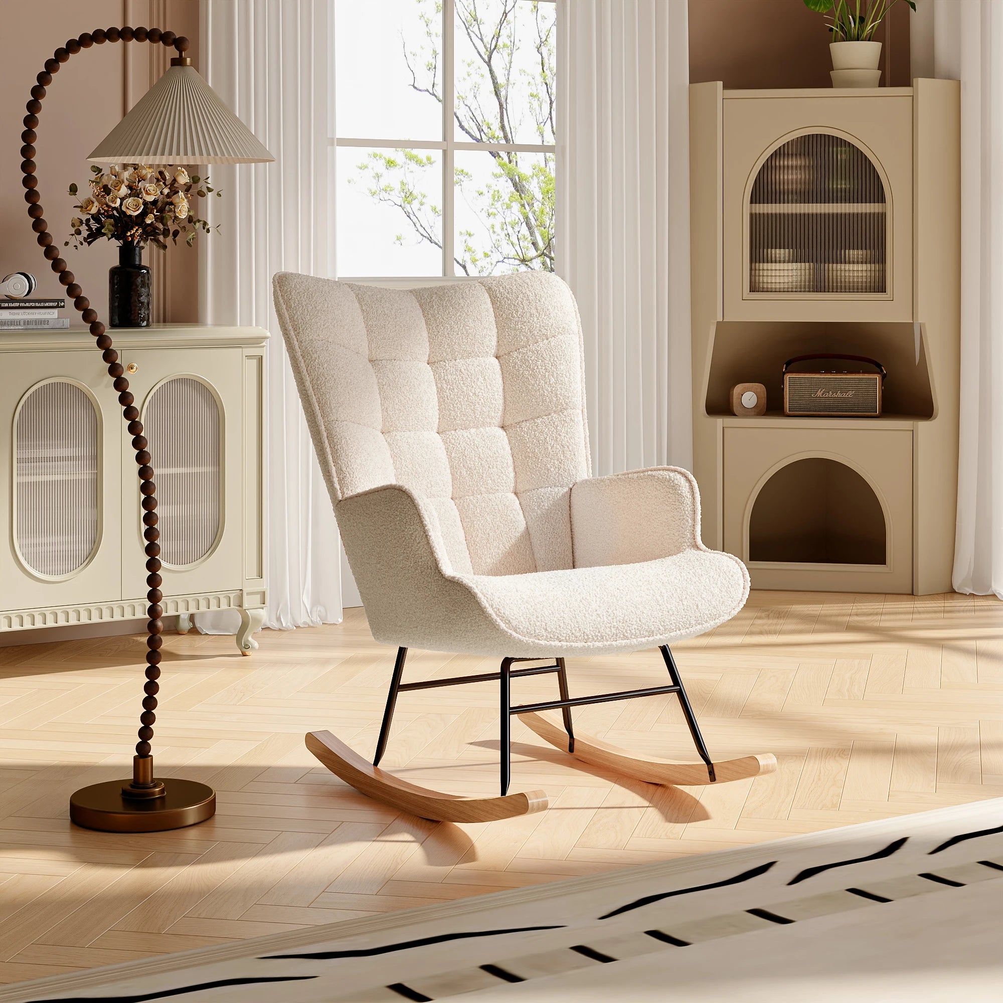 Moderne zachte pluche schommelstoel met armleuningen – comfortabele woonkamer stoel