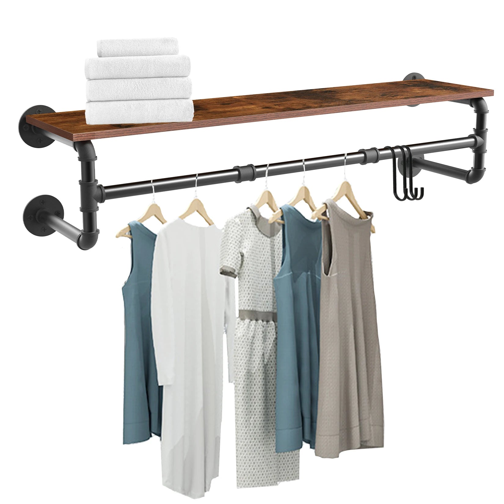 Industrieel Kledingrek Wand met Houten Plank – Metalen Pipe Wandrek met Opbergplank en Haken