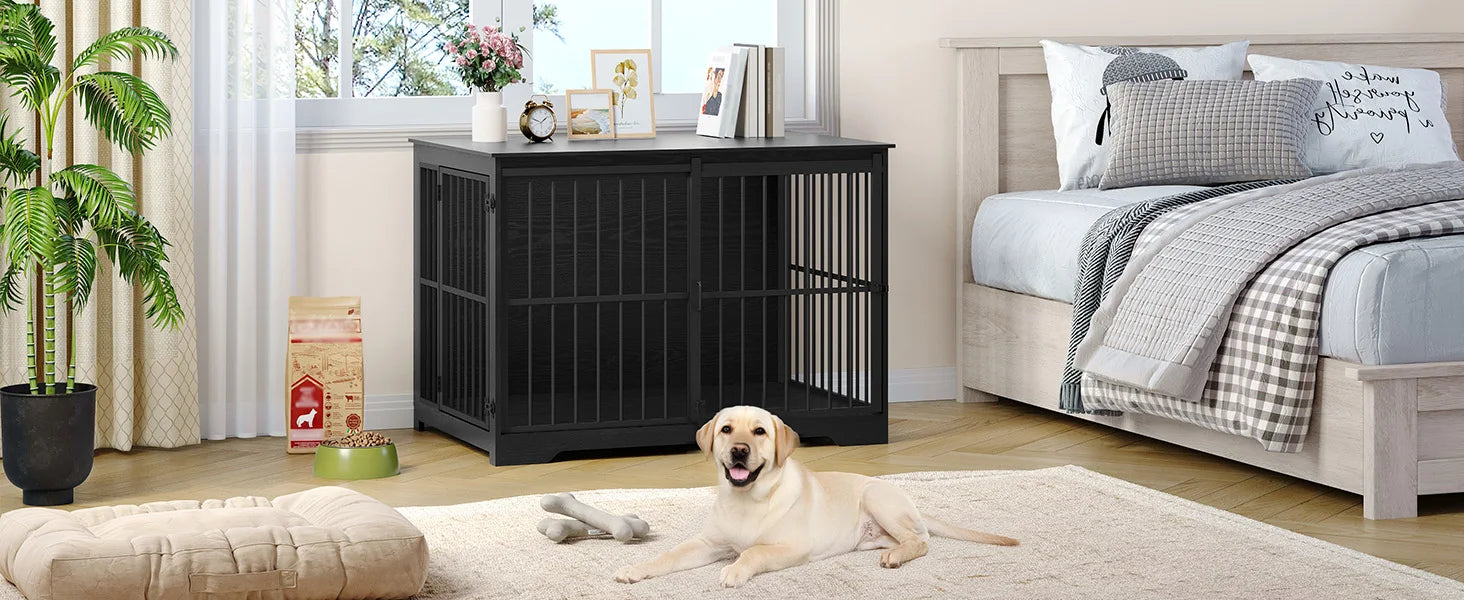 Houten Hondenbench Meubel XL met Schuifdeur – Design Hondenkooi voor Grote Honden – Industrieel Bijzettafel & Bench in Één