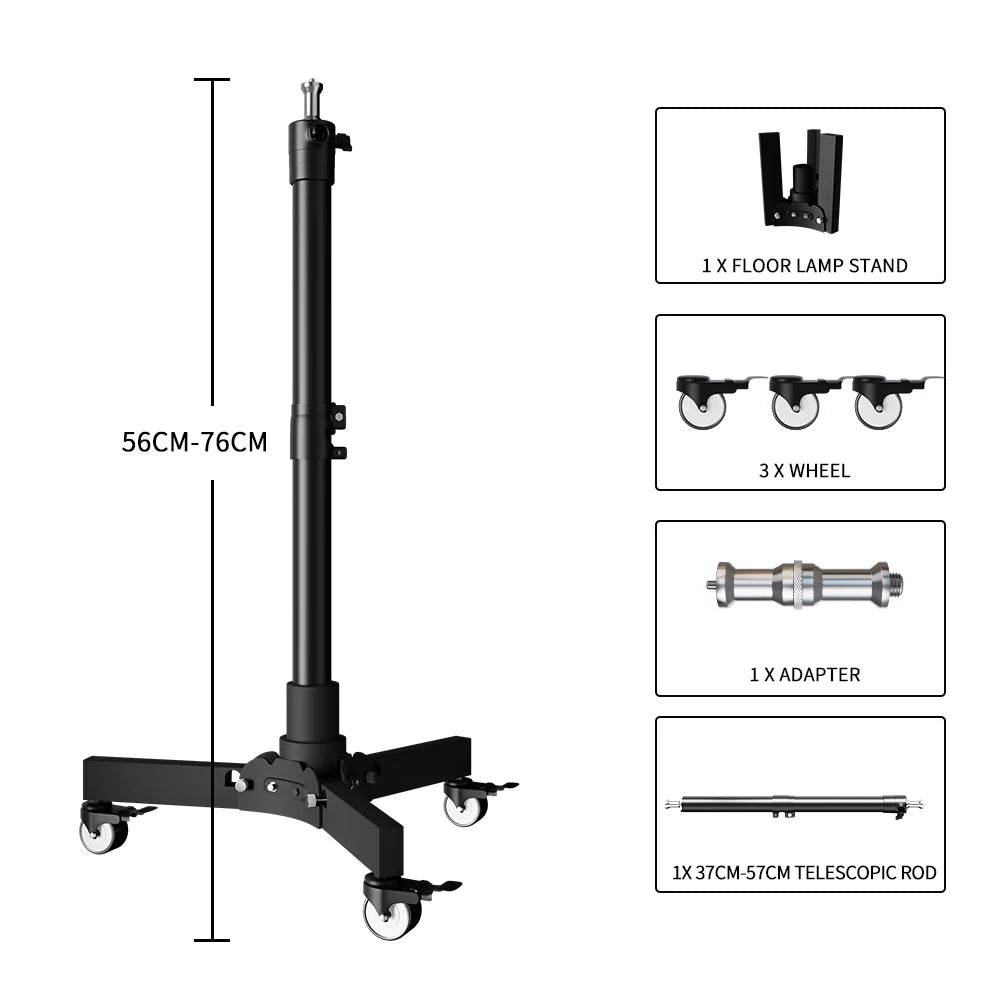Metalen Vloerlampstatief met Wielen – Fotografie Statief 24‑125 cm Hoogte – Lichtgewicht en Multifunctioneel