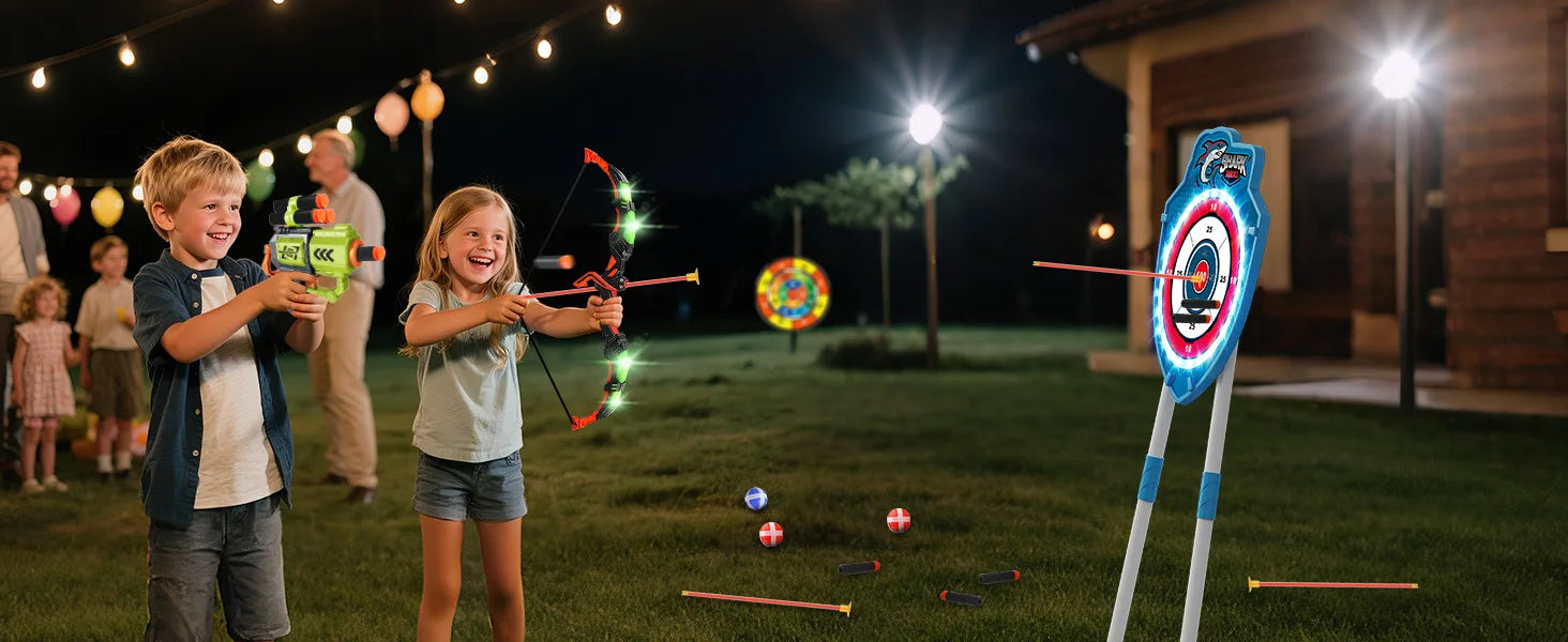 LED Nachtlampje Boogpijl Speelgoedpistool – Kindvriendelijke Boogschietset met Glow-in-the-Dark Doelbord – Veilig en Educatief Speelgoed voor Kinderen