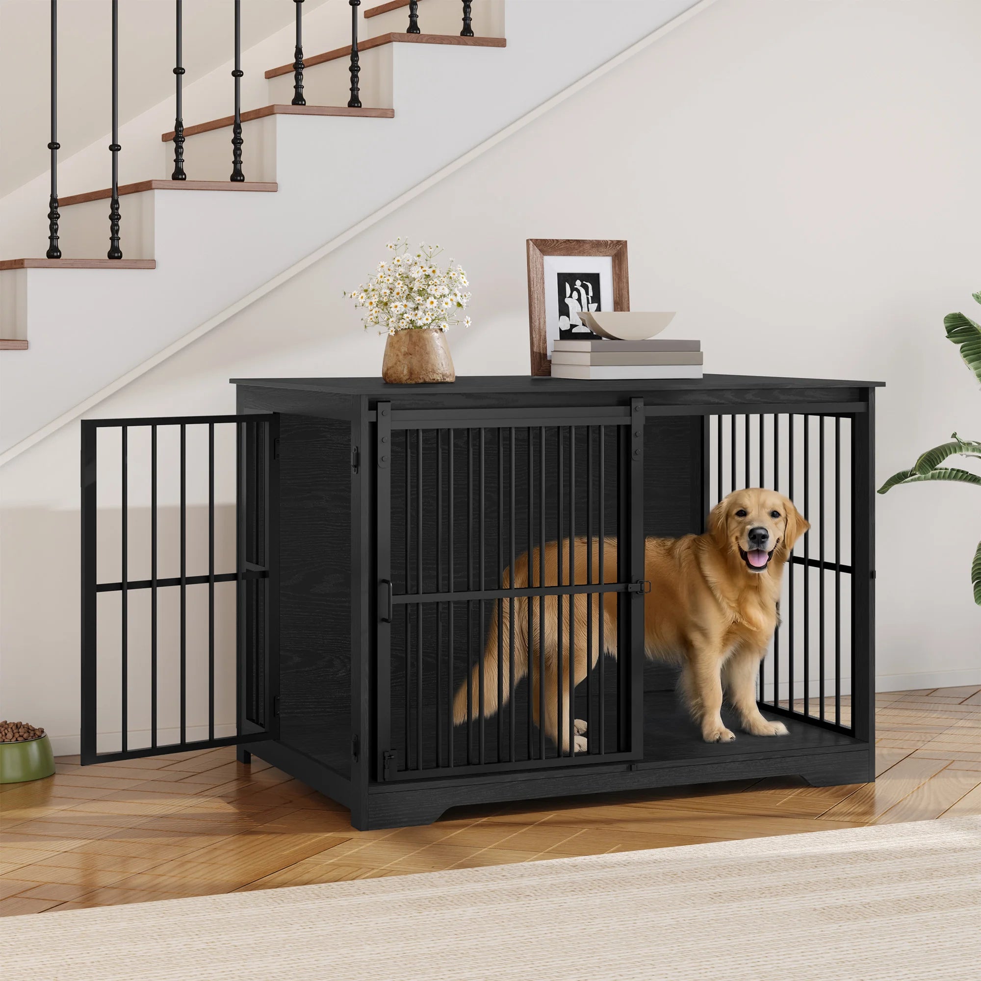 Houten Hondenbench Meubel XL met Schuifdeur – Design Hondenkooi voor Grote Honden – Industrieel Bijzettafel & Bench in Één