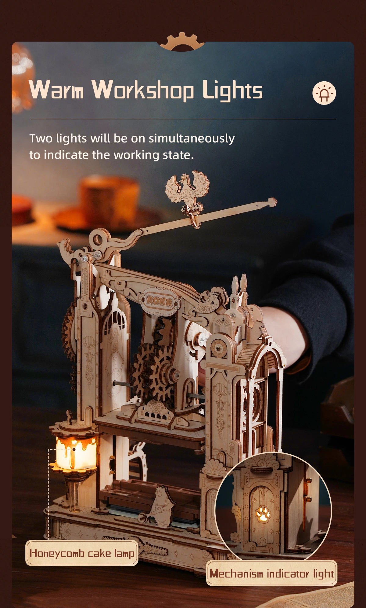 3D Houten Bouwpakket Drukpers met LED Licht – Creatief Doe-Het-Zelf Model voor Volwassenen en Jongeren