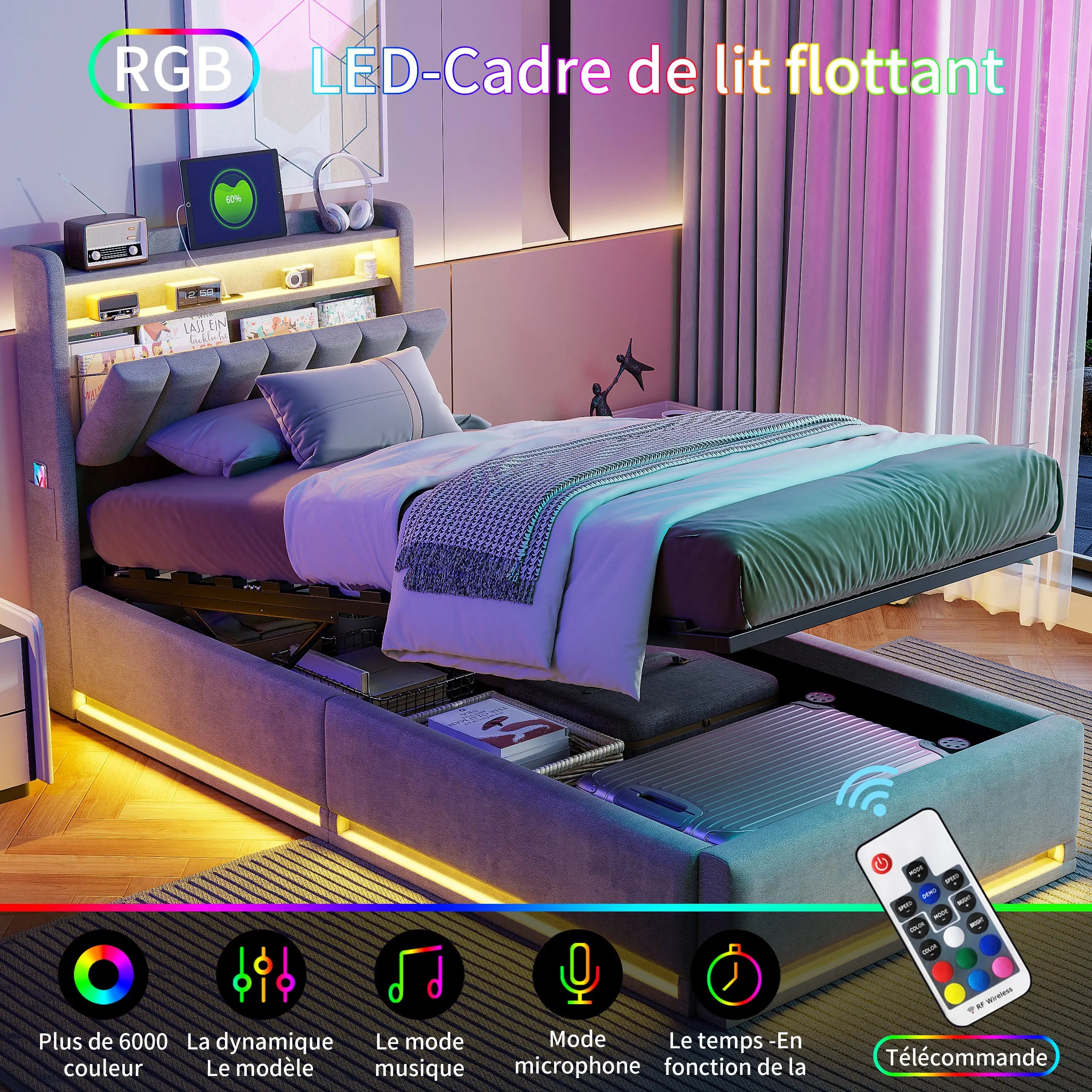 Tweepersoonsbed met geïntegreerde LED‑verlichting, USB‑oplaadfuncties en opbergruimte – Modern en functioneel bedframe