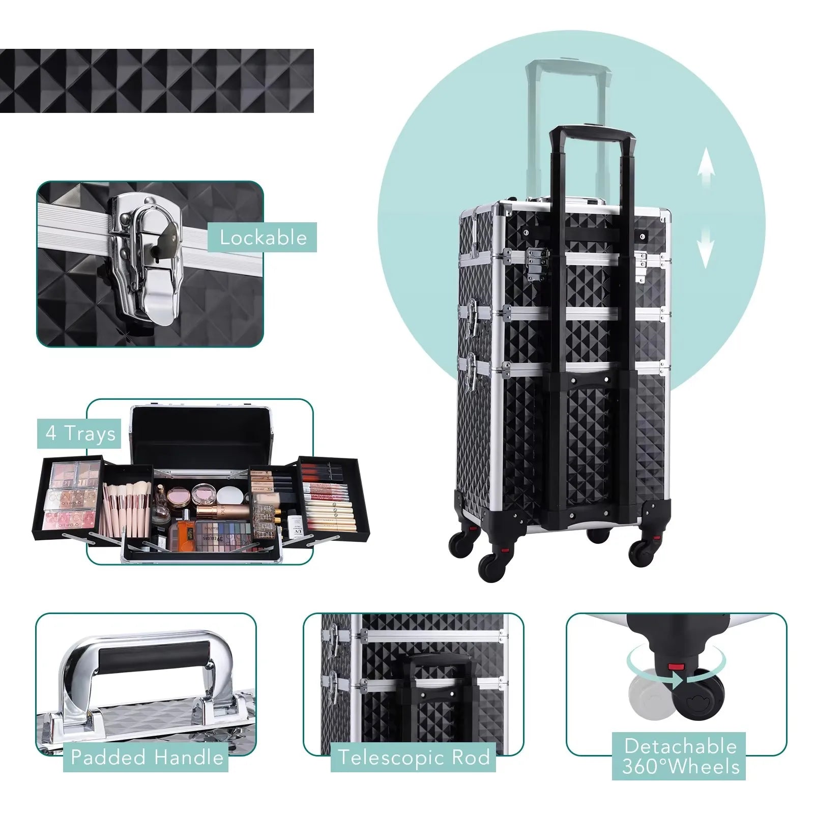 Rollende Make-up Koffer 3-in-1 – Professionele Cosmetica Trolley met Wieltjes, Slot en Afneembare Koffer – Beauty Organizer voor Salon en Reizen