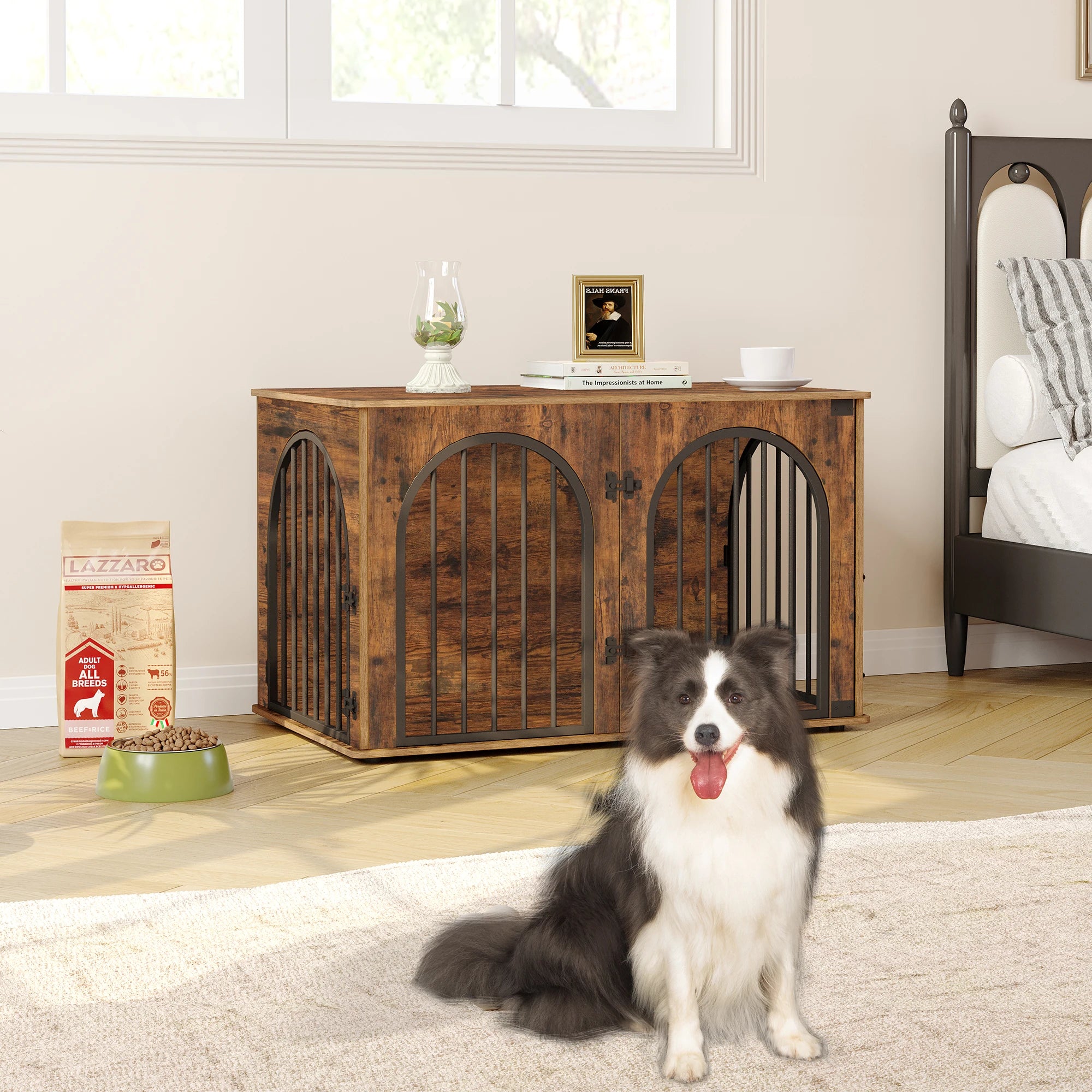 Houten Hondenbench Meubel 100 cm – Luxe Design Hondenkooi met 3 Deuren – Stevige Dog Crate voor Binnen – Bijzettafel & TV Meubel