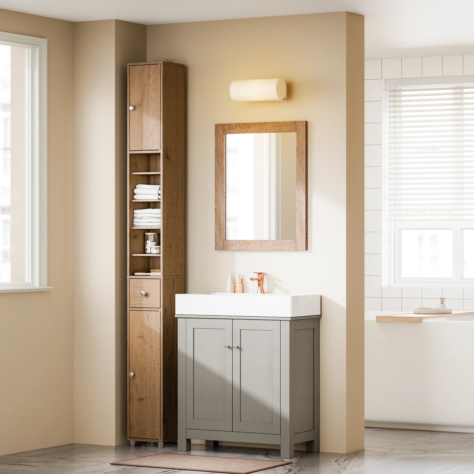 Hoge, Smalle Badkamerkast 20×180×20 cm – Vochtbestendige Opbergkast met Lade en Verstelbare Planken
