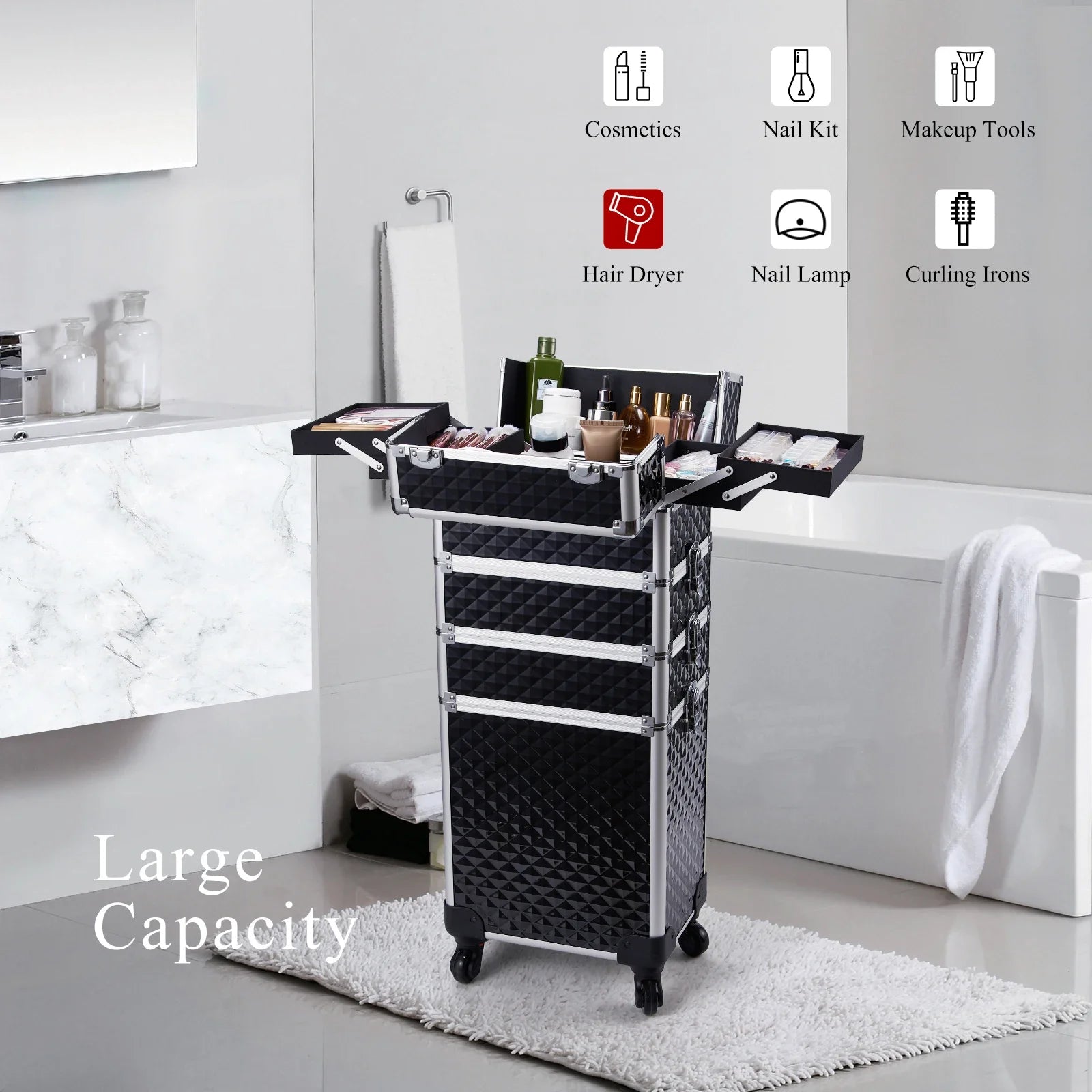 Professionele Make-up Trolley Koffer 4-in-1 – Aluminium Opbergkoffer met Wieltjes en Afneembare Compartimenten – Voor Cosmetica, Nageltools en Reis